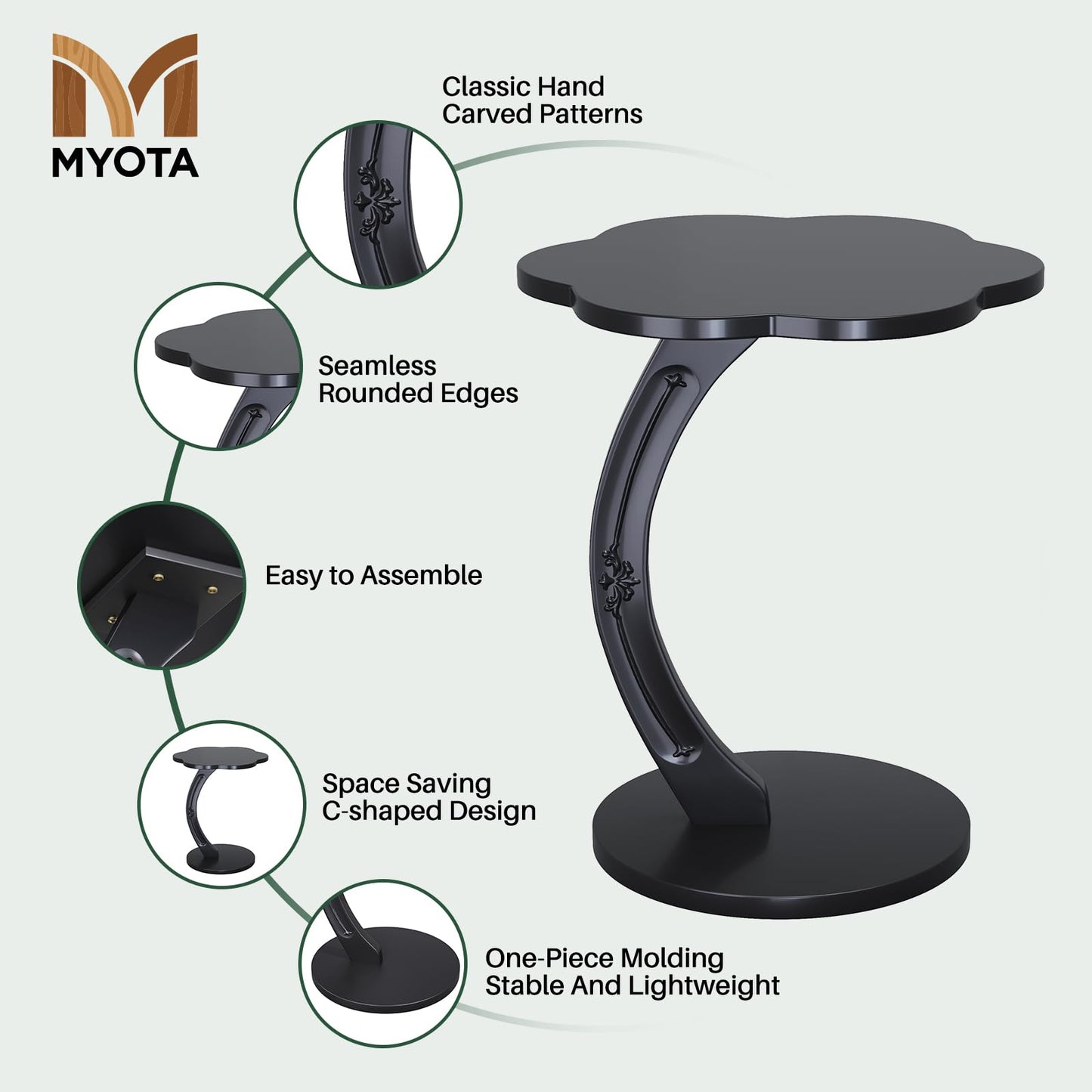 MYOTA C-Shaped End Table for Couch - Round Small C Side Table, Flower Handmade Solid Wood Sofa Couch Tables That Slide Under Bedside, Saving Space Wooden Tray for Living Room, Small Space, (Black)