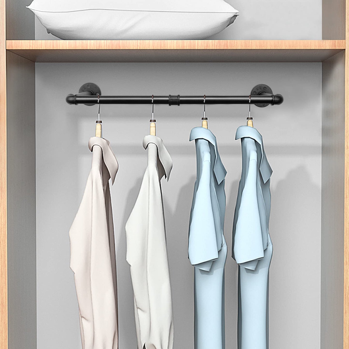 Jeasor Industrial Iron Pipe Clothes Hanging Bar DIY Wall-Mounted Garment Rack Heavy Duty Clothing Rack for Bedroom, Laundry Room, Closet Storage (Black 24 inch)