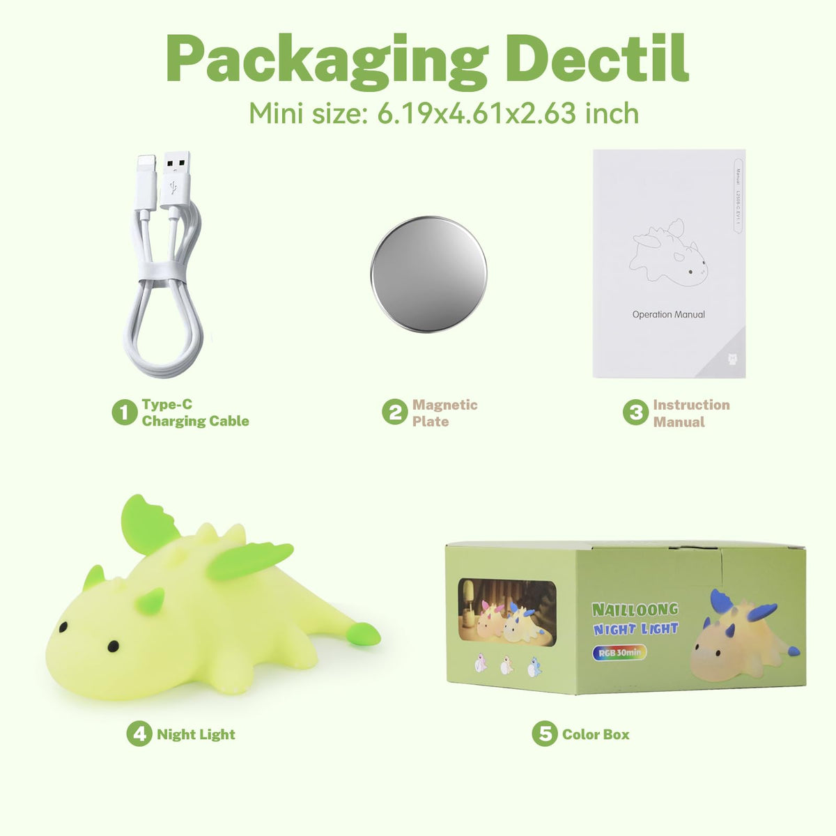 AVEKI Lime Green Dragon Night Light, Cute Baby Dragon Lamp Gifts for Boys and Girls, 10 Modes Touch Dimmable Kids Nightlight, Rechargeable Baby Light for Nursery, Portable Moving Kids Lamp