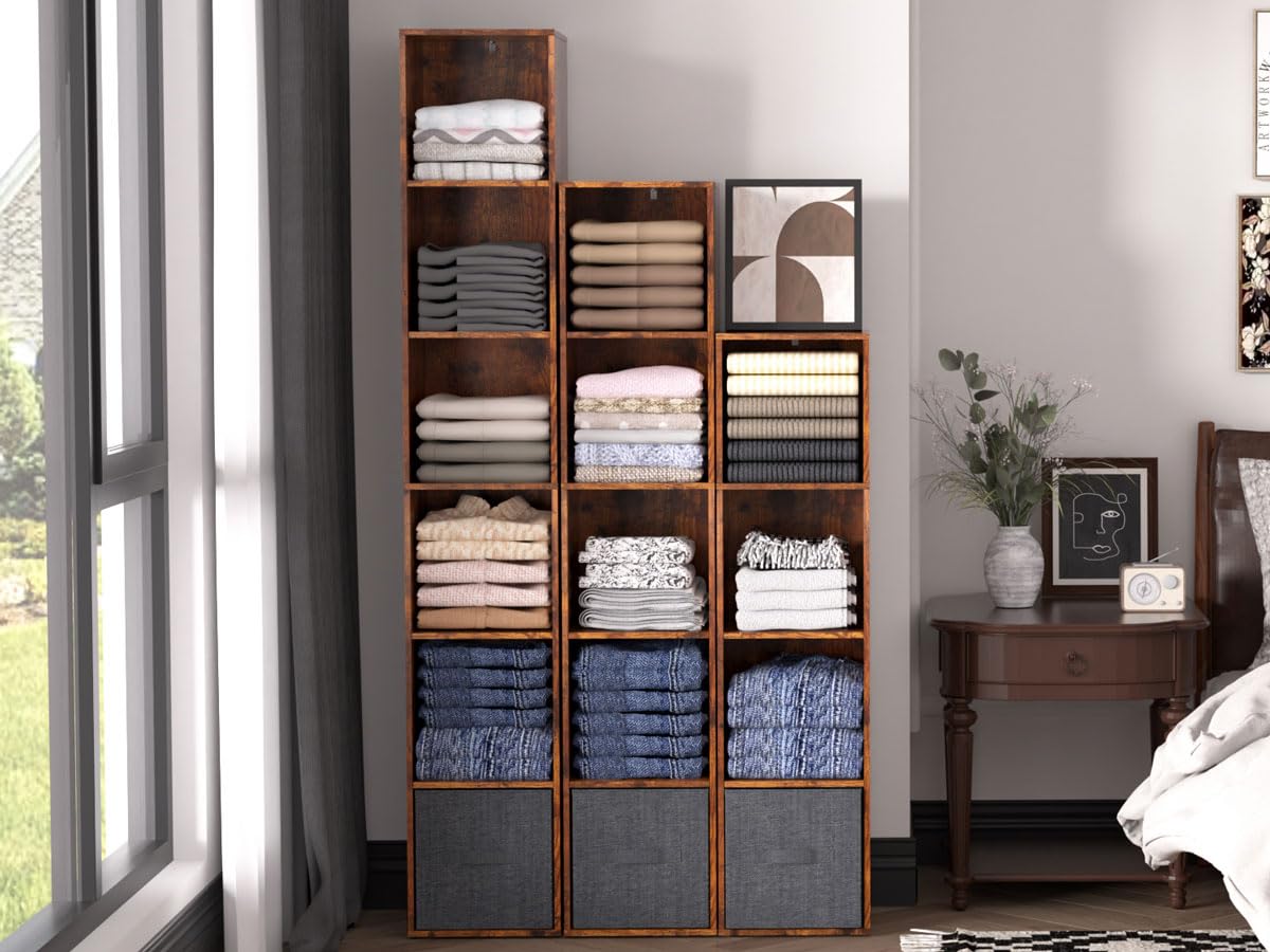 NewBeth Cube Storage Organizer, 6 Cube Retro Bookshelf, Freestanding 6 Tier Open Shelf, Rustic Brown Retro Shelves for Home Office, Bedroom, Living Room, Study