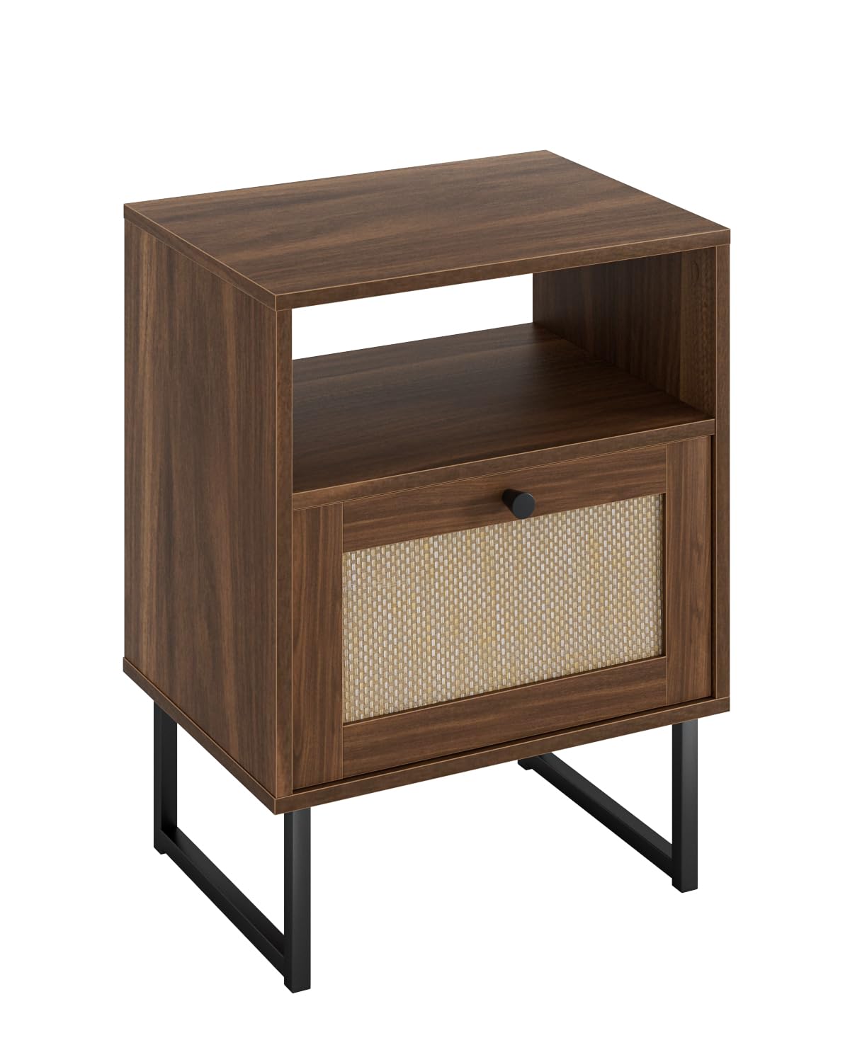 Masupu Rattan Nightstand,Modern Boho Farmhouse Wood Bedside Table with Storage Drawer and Open Shelf,Small Black Frame Side End Table for Bedroom,Living Room,Office (Walnut)
