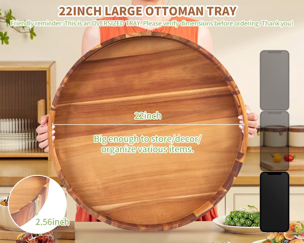 Decent Vrvege Extra Large Round Ottoman Coffee Table Tray, 22" Big Kitchen Serving Trays for Huge Ottoman Counter Giant Decorative Organizer, Huge Wood Serveware Tray with Built-in Handle for Big Job