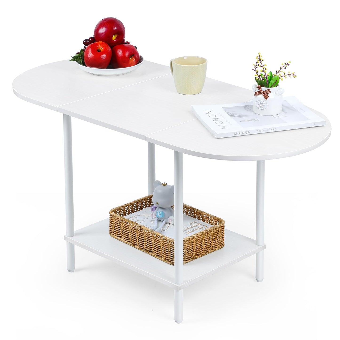 White Coffee Tables for Living Room,2-Tier Small Coffee Table Industrial Modern Oval Center Table with Storage Shelf and Wood Tabletop,for Small Space,Home Office