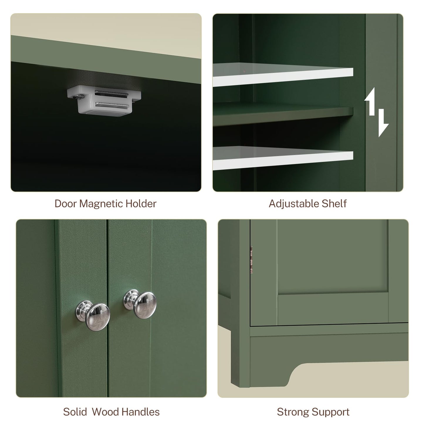 TEENFON Bathroom Storage Cabinet, Bathroom Cabinet with 4 Doors & 2 Adjustable Shelves, Cupboard, Cabinets for Living Room, Entryway, Office, Forest Green