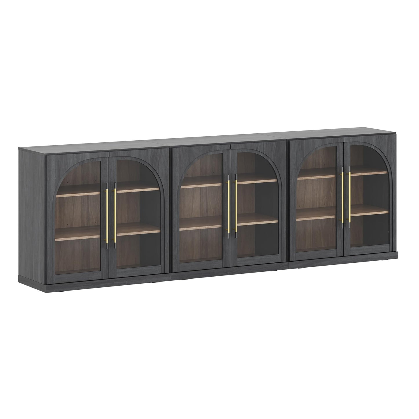 BELLEZE Set of 2 Modular Sideboard with Arched Glass Door, Accent Display Buffet Cabinet with Storage and Adjustable Shelves, 65'' Classic Modern Credenza for Living Room Kitchen Entryway (Ebony)