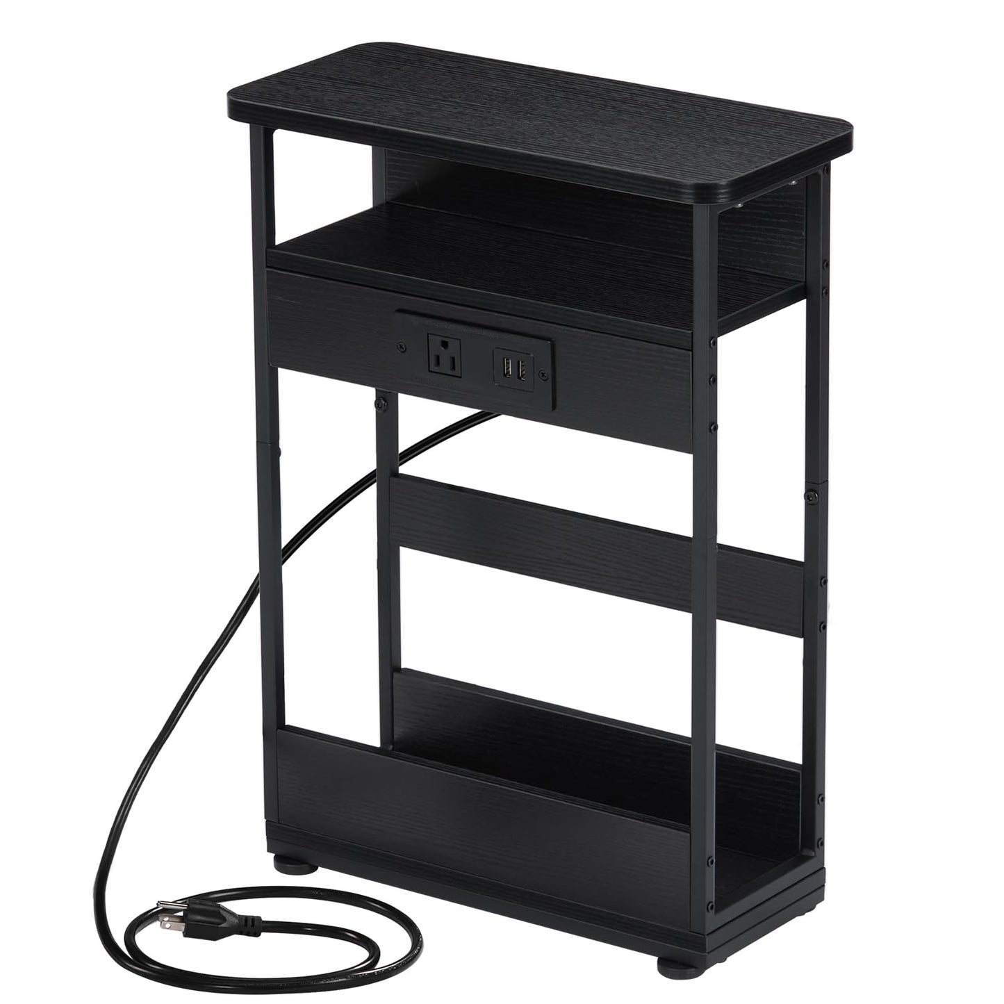 YEAKOO Narrow Side Table with Charging Station, 3-Tier End Table with 2 USB Ports & Power Outlets,Thin Sofa Side Table for Narrow and Small Spaces, Bedside Table Nightstand for Living Room,Black