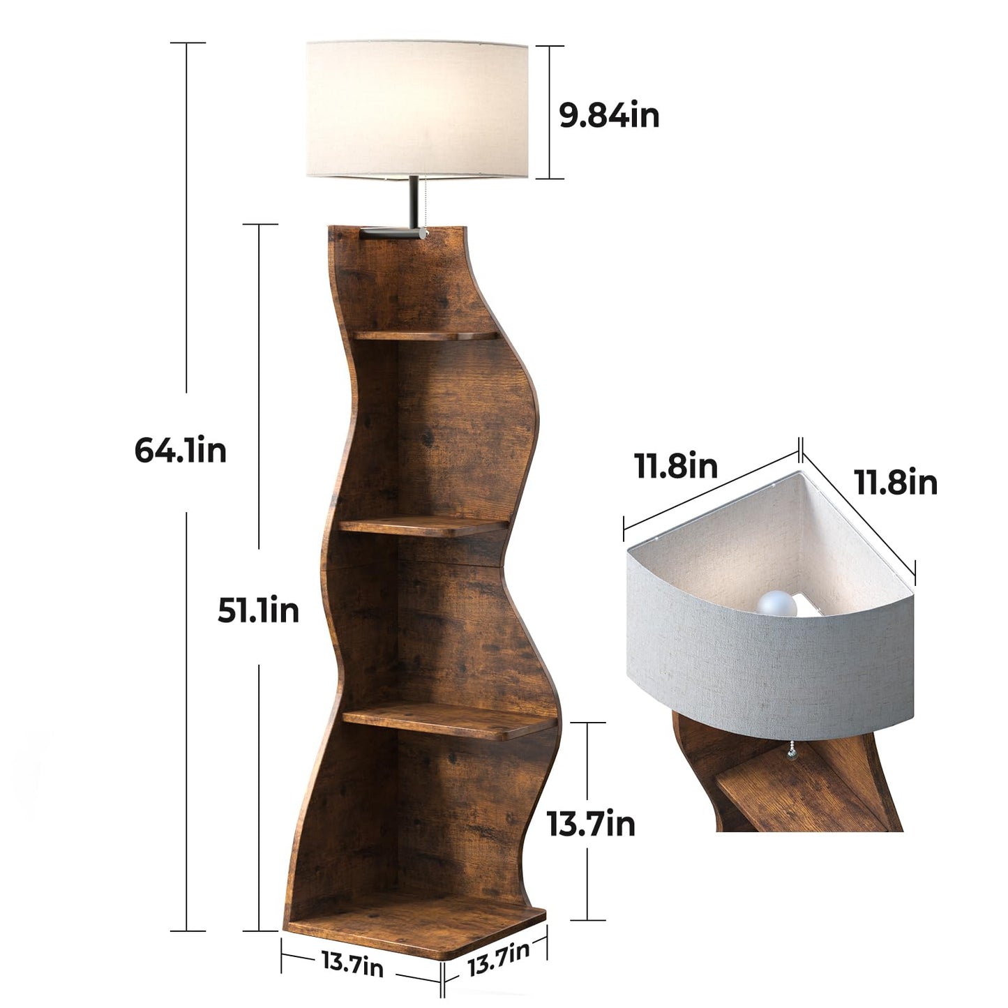 Evermagin 4 Tier Corner Shelf with Light, 64'' Tall Corner Bookshelf with Unique Shape, Stylish Wavy Bookcase Tower with Storage Organizer for Small Space, Living Room, Bedroom (Rustic Brown)