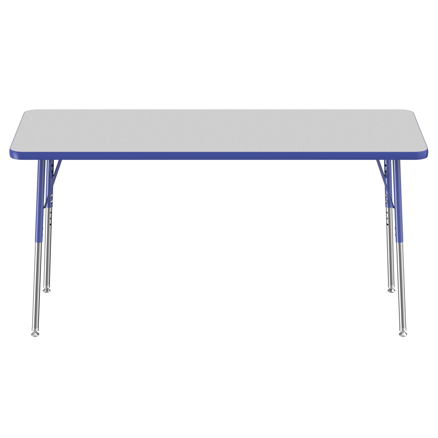FDP Rectangle Activity School and Office Table (24 x 60 inch), Standard Legs with Swivel Glides, Adjustable Height 19-30 inches - Gray Top and Blue Edge