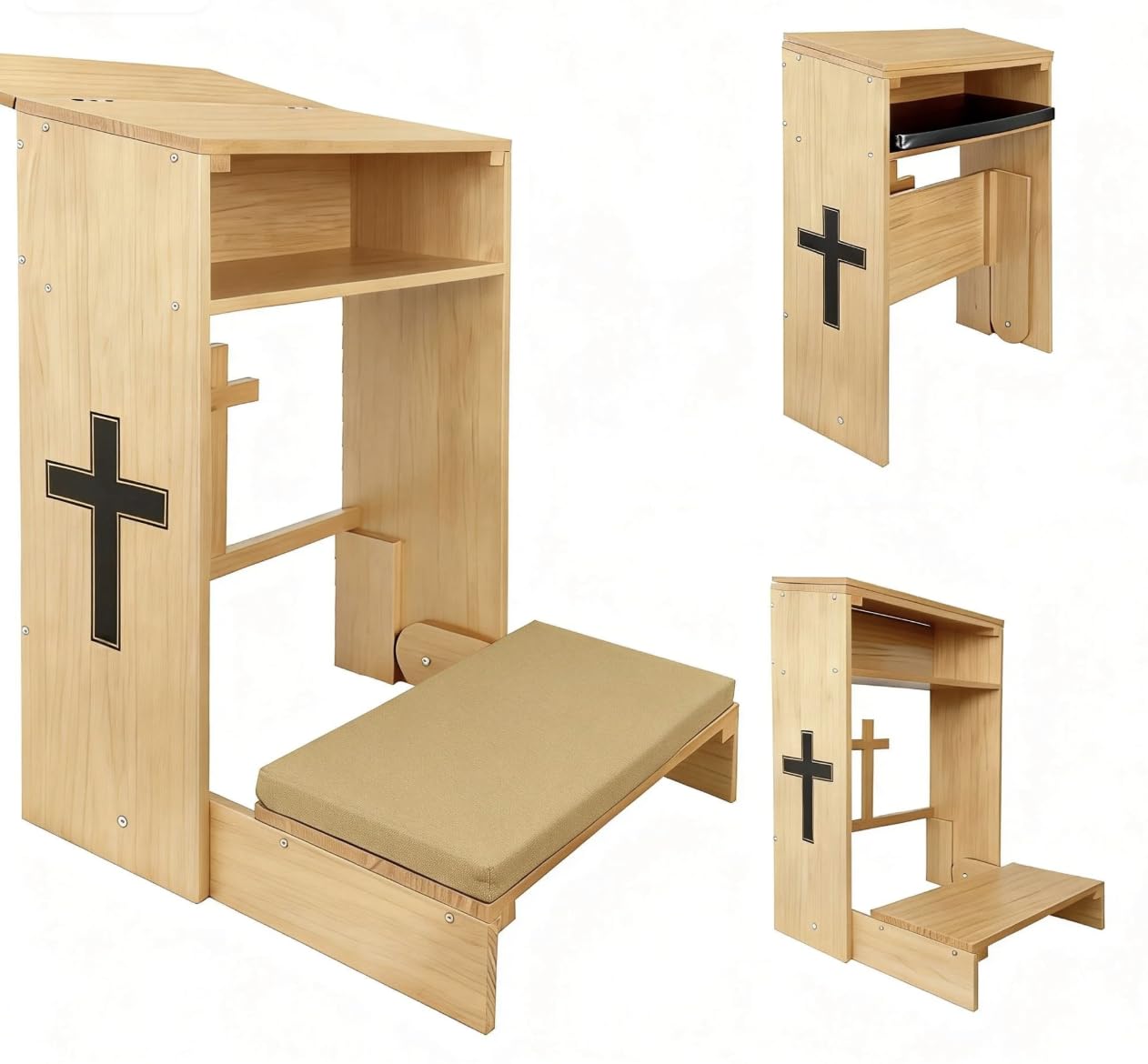 DOLEMODUO Wooden Prayer Kneeler with Storage Shelf & Cushion - Folding Prayer Bench for Home and Church, Comfortable Kneeling Devotional Pew Bench, 32" H x 22" W