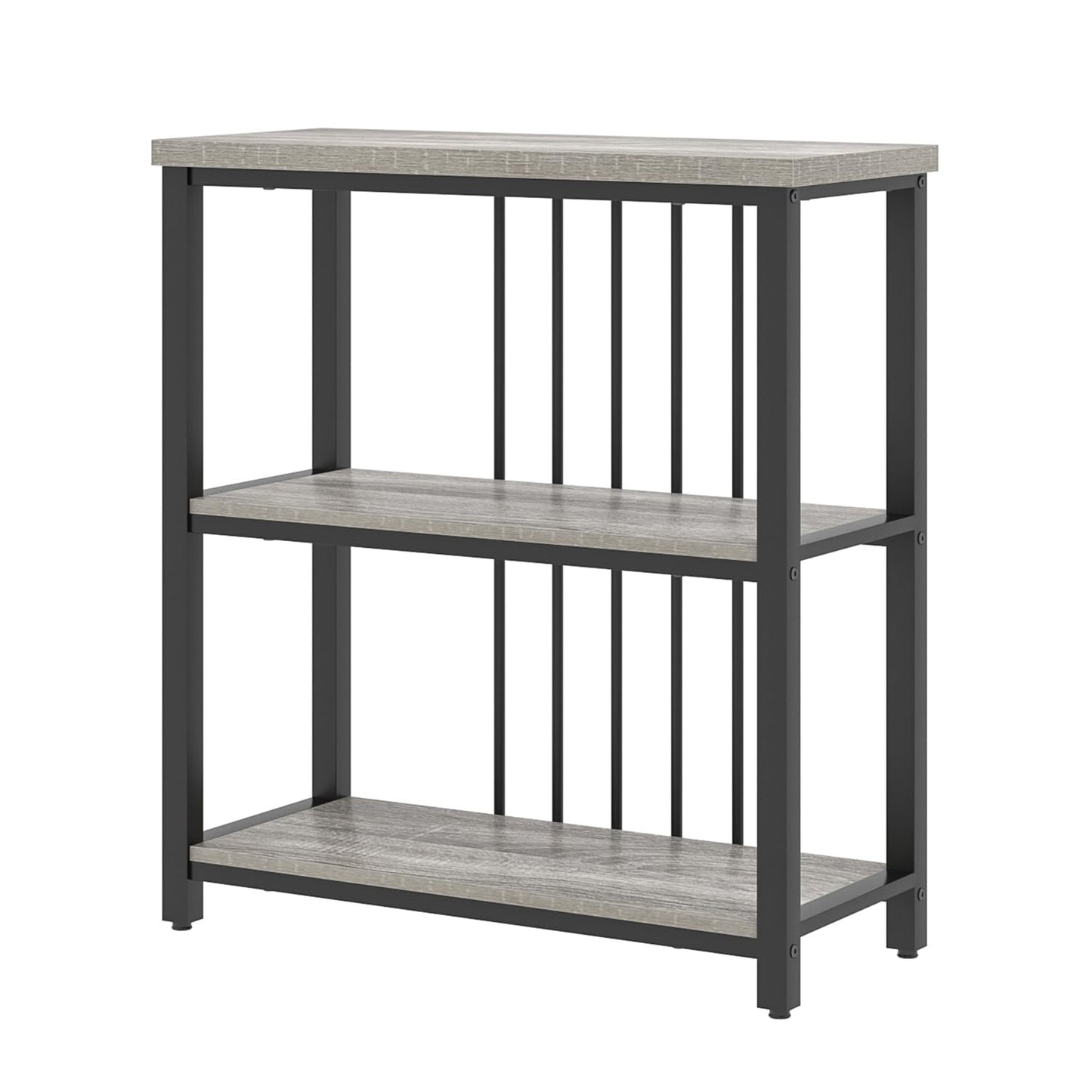 FOLUBAN 3 Tier Bookshelf, Short Bookcase for Small Space, Modern Wooden and Metal Book Shelf for Living Room Bedroom Office (Light Grey Oak)