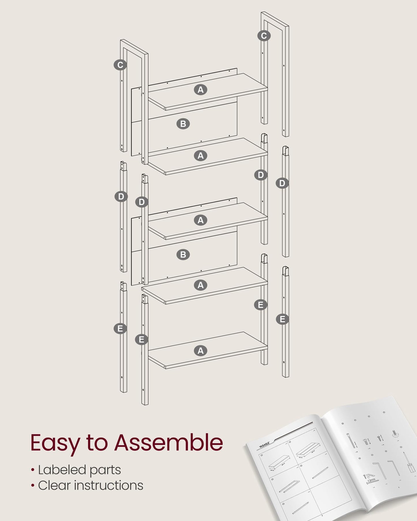 VASAGLE 5-Tier Bookshelf, Book Shelf, Industrial Bookcase, with Steel Frame, for Living Room, Home Office, Bedroom, 9.4 x 24.4 x 65 Inches, Camel Brown and Black ULLS025B50