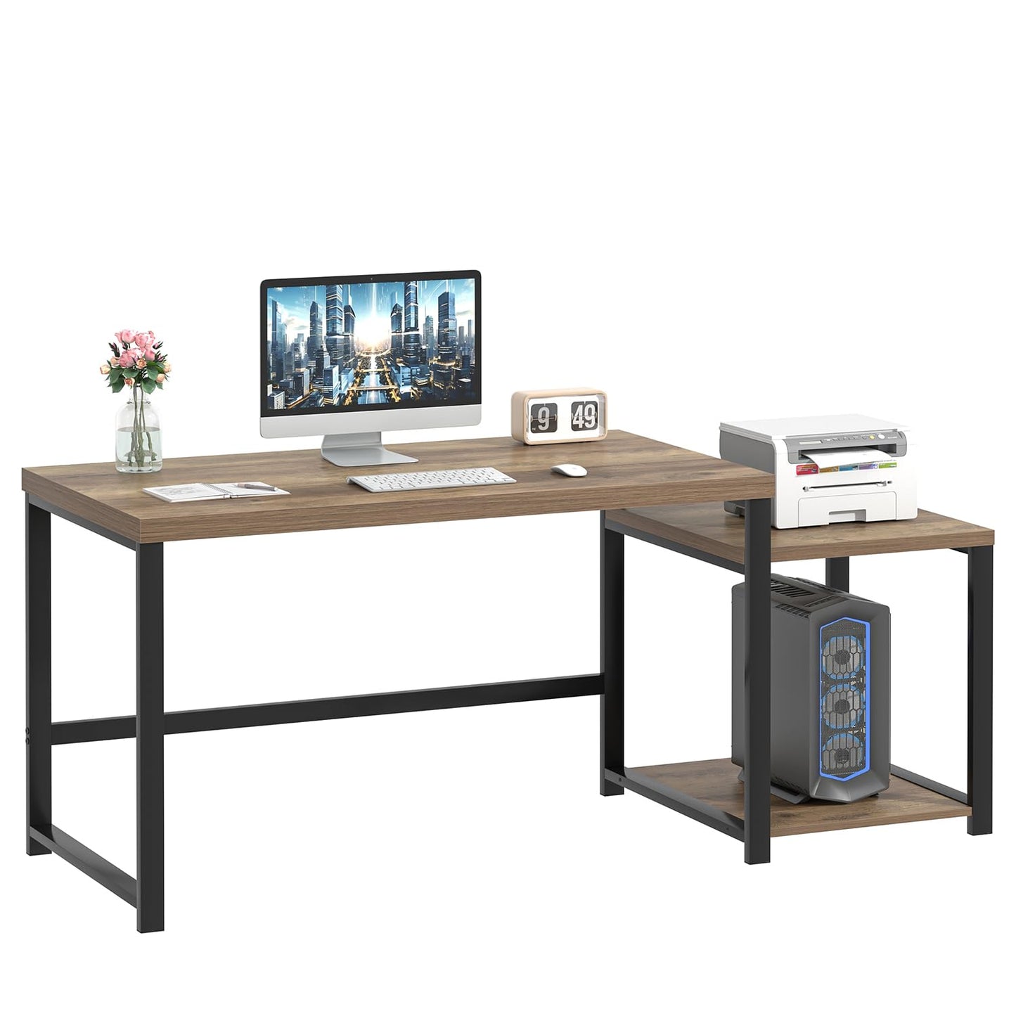 FOLUBAN 63 Inch Large Computer Desk with Printer Space & PC Tower Stand, Modern Wood Home Office Desk Workstation with Storage Shelves, Writing Study Gaming Table, Rustic Oak