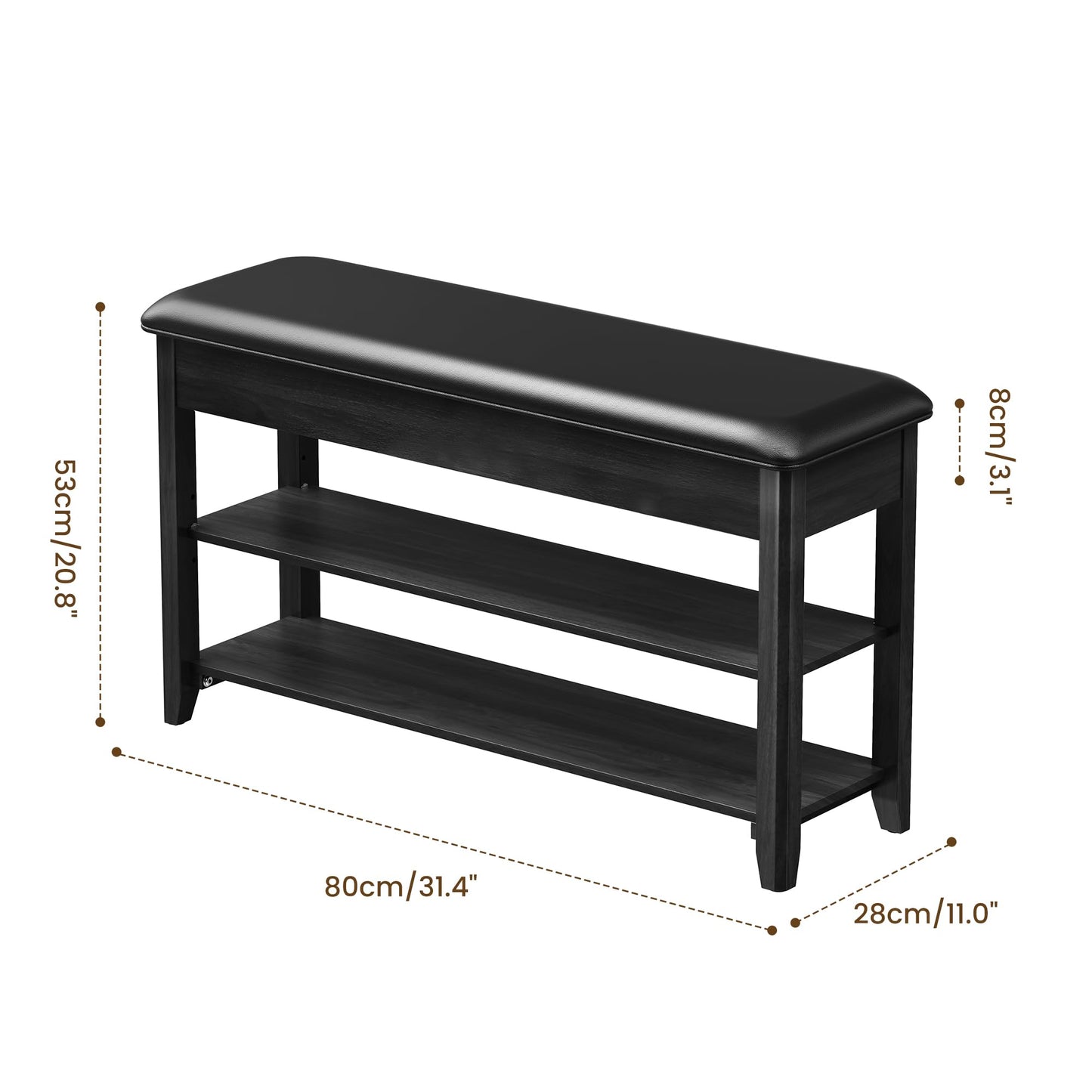 LBT Solid Wood Entryway Shoe Storage Bench, 31.5" Black, Adjustable Shelf, Flip-Top Hidden Compartment, Padded Leather Seat, 2-Tier Shoe Rack, Supports up to 550 lbs for Entryway, Mudroom, Closet