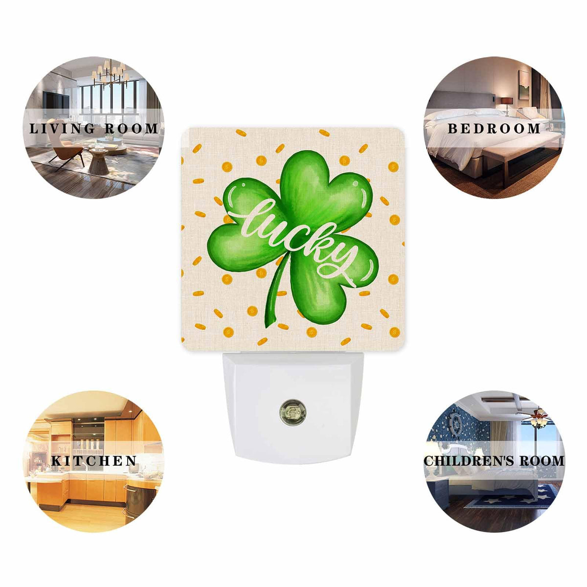St.Patrick's Day Plug-in LED Night Lights, Lucky Clover Leaves Spring Auto Dusk-to-Dawn Sensor for Bedroom, Bathroom, Kitchen, Nursery, Hallway, Stairs, Wall Home Decor, Gold Coins Backgound