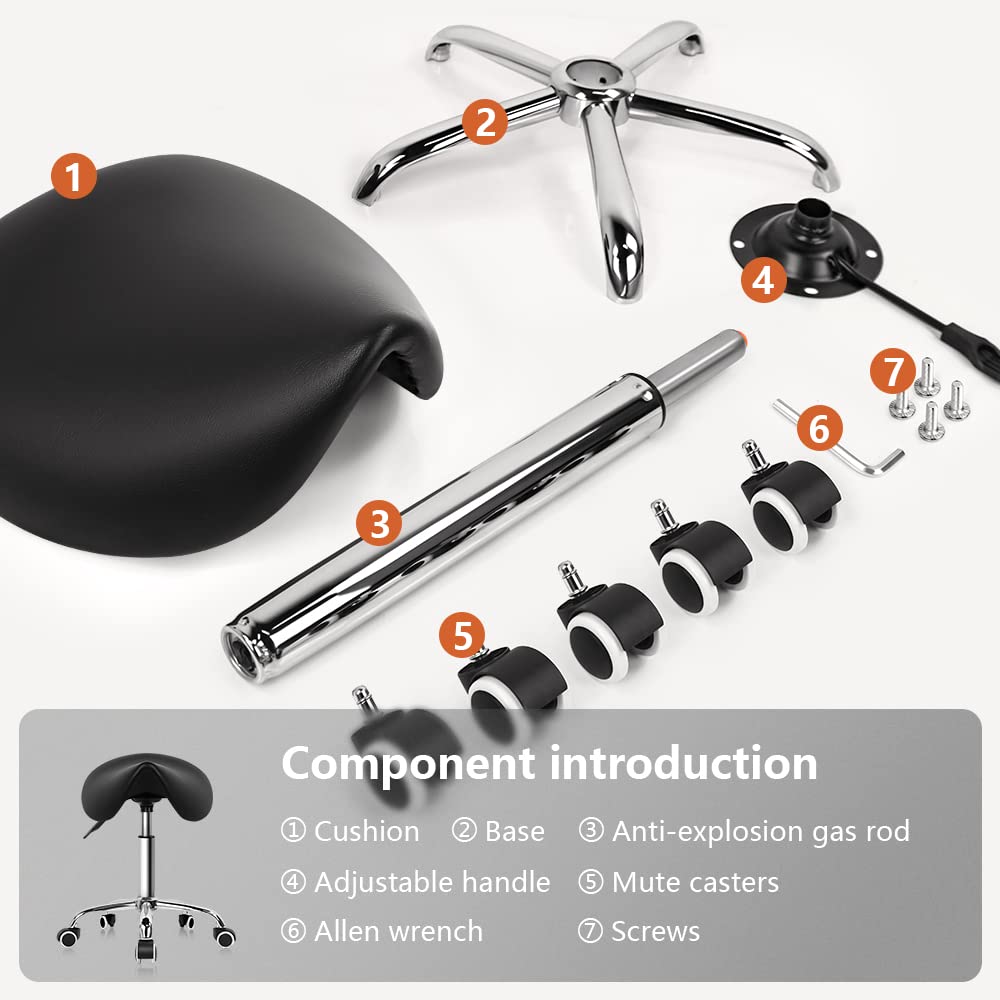 KKTONER Rolling Saddle Stool PU Leather Swivel Adjustable Rolling Stool with Wheels Salon Chair Black