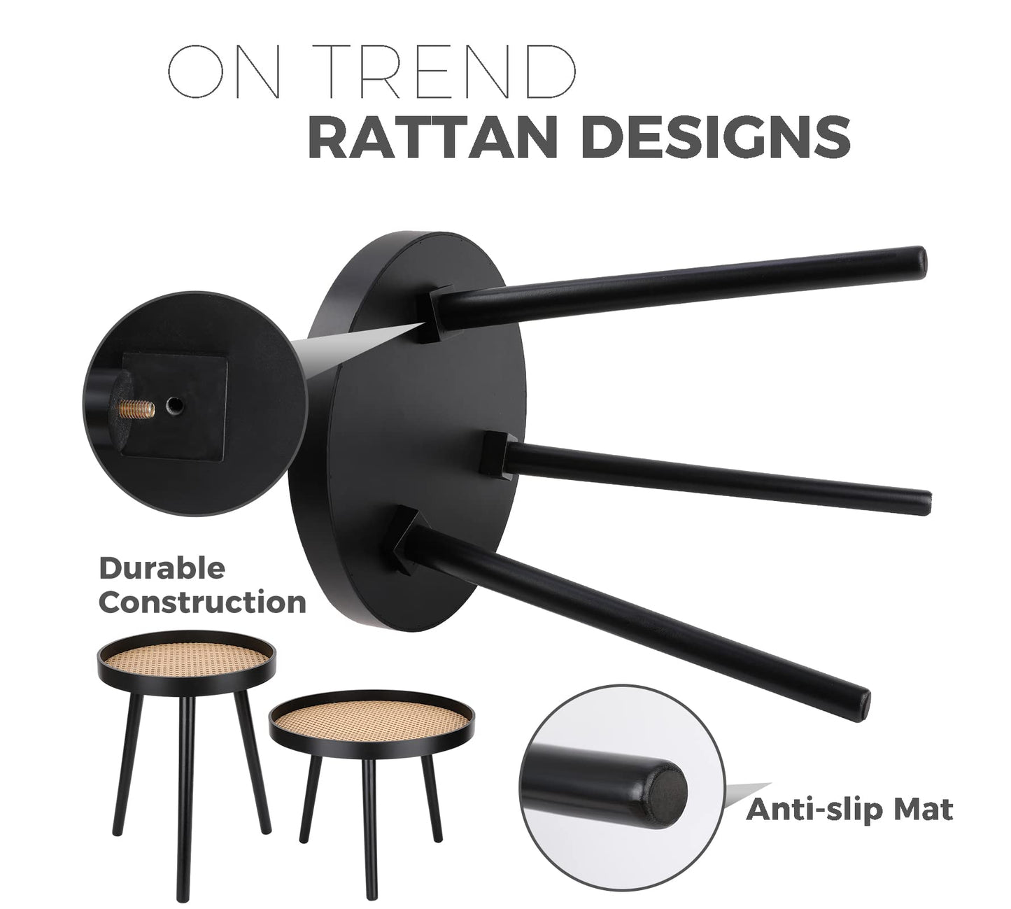 Rattan Round Side Table, Black Small End Table, Accent Table, Modern Boho Bedside Table, Mid-Century Patio Side Table, End Tables for Living Room Bedroom Office Balcony
