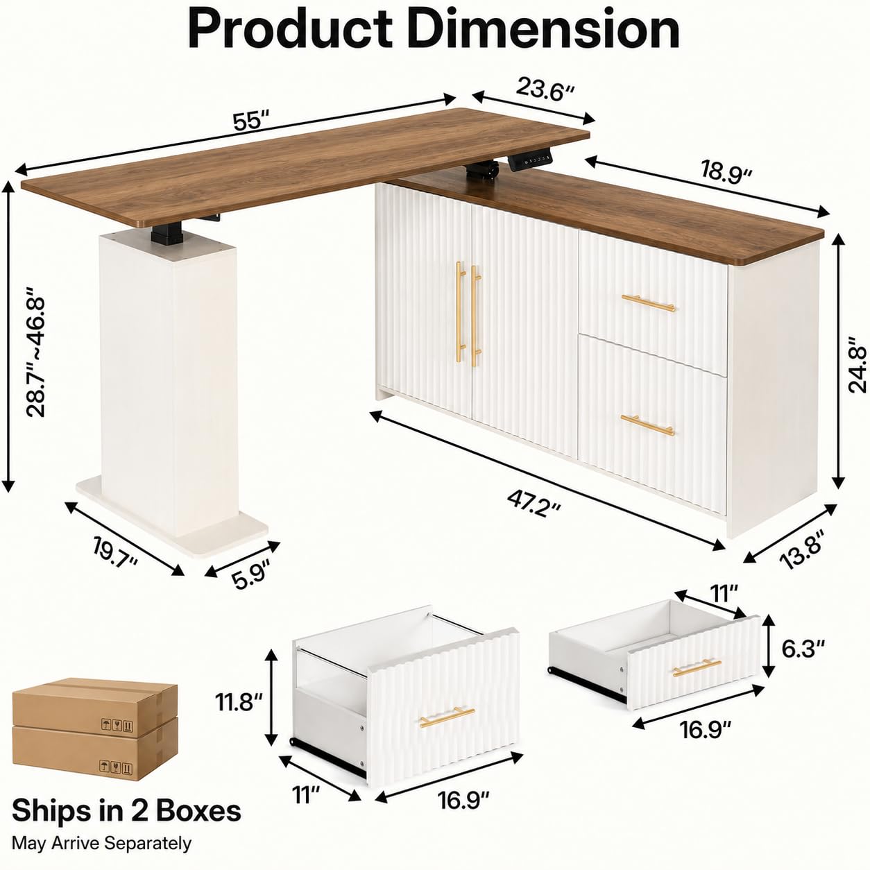 NORTHSKY 55" L Shaped Electric Standing Desk with Drawers and Storage Cabinet, Adjustable Height Corner Desk for Home Office, Brown Wood Grain and Distressed White Fluted Design
