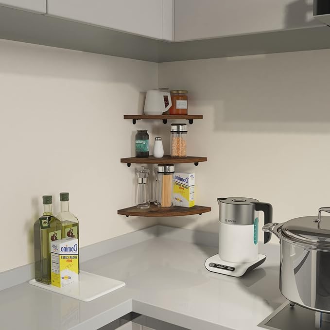 HORLIMER 6 Pack Wall Mount Floating Corner Shelf, Rustic Wood Corner Wall