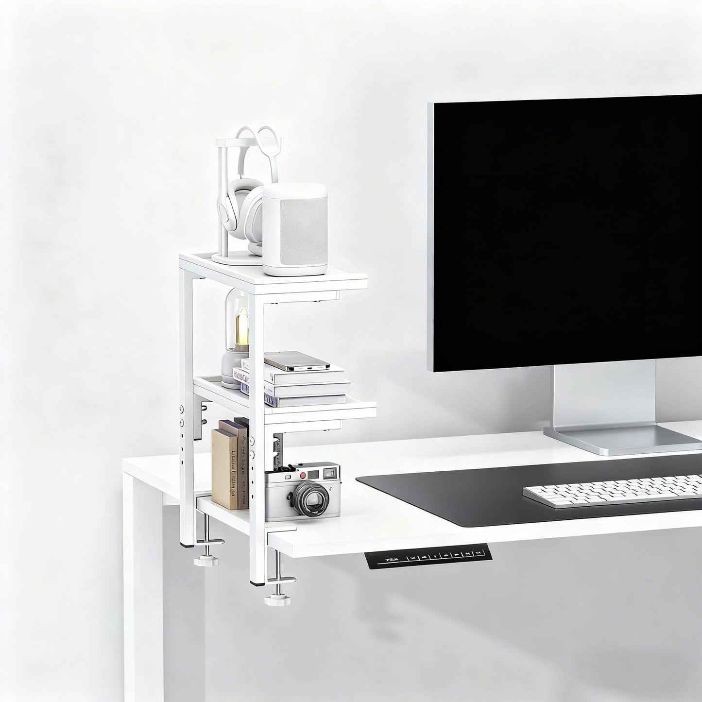 OUTIOE 2-Tier Desk Shelf, Expandable Under Desk Storage, Clamp on Desk Shelf, Desktop Accessories for Offices, Study Rooms, and Game Rooms (White)