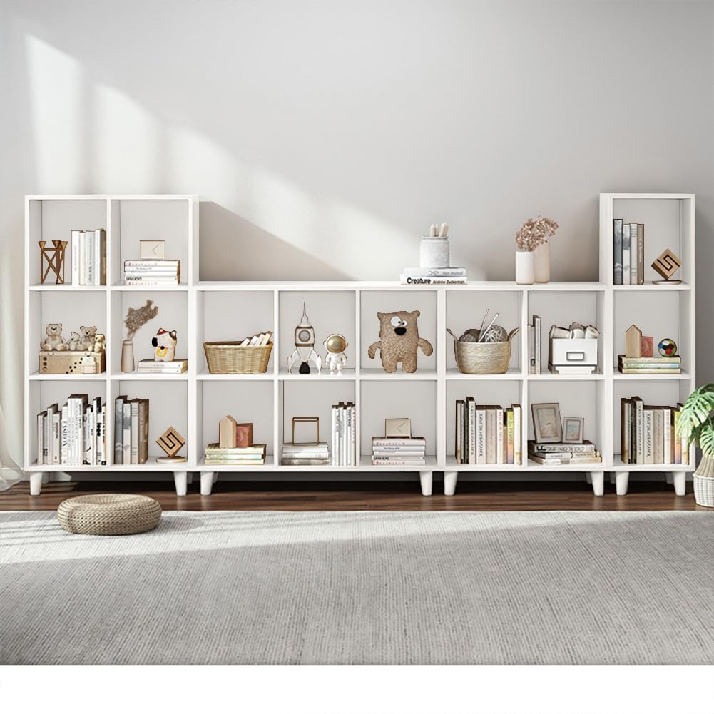 IOTXY Open Cube Low Bookcase - 2-Tier Freestanding Storage Display Cabinet Organizer with Legs for Home Office, 4-Cubes Open Shelf Short Bookshelf, White