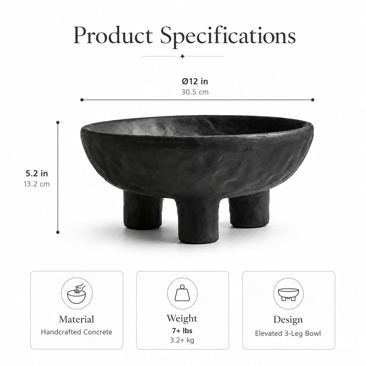 Parlamain Black Concrete Decorative Bowl, 12 Inch Large Footed Bowl for Home Decor, Heavyweight Pedestal Bowl, Matte Black Centerpiece Bowl for Coffee Table, Shelf, Console, Entryway, Outdoor Styling