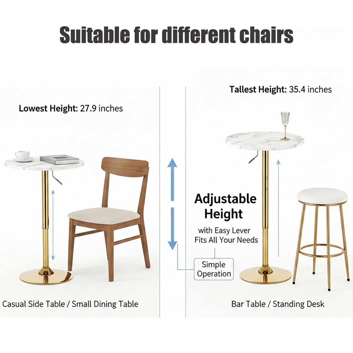 YHGSYXL Round Bar Table Gold Metal Base Height Adjustable 27.9"-35.4"