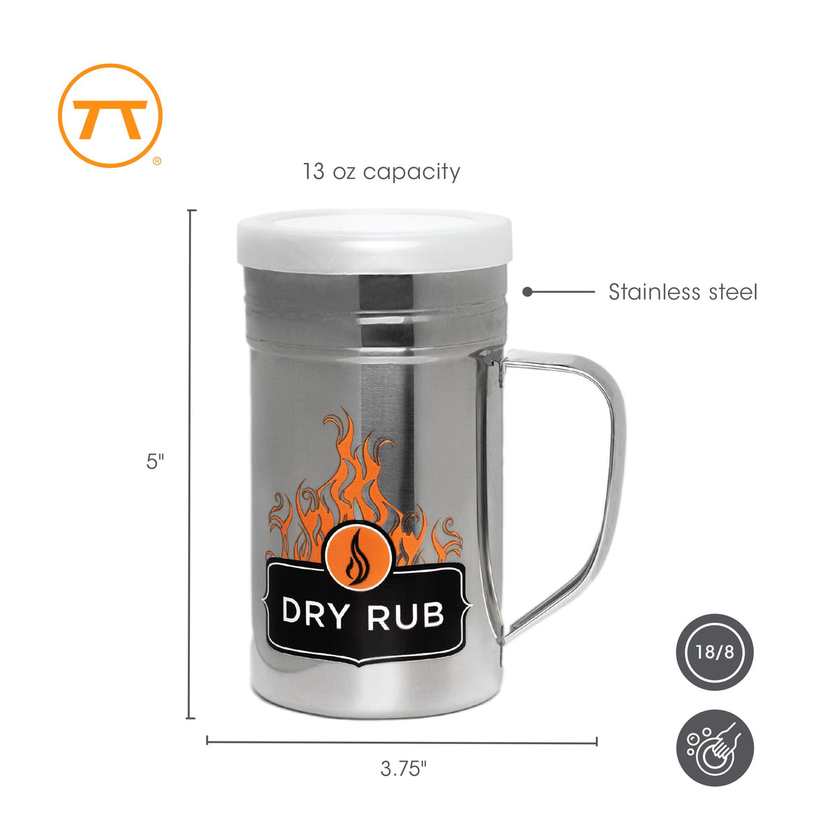 Outset Stainless Steel Dry Rub Shaker With Lid, 13oz Seasoning Dispenser