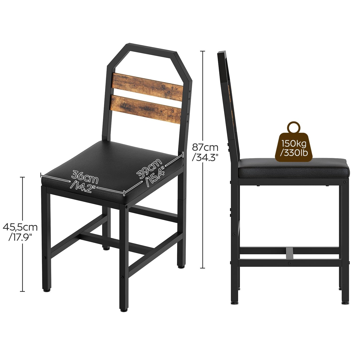YATINEY Dining Chairs, Kitchen Chairs with Back Support, Upholstered Seat and Metal Legs, for Kitchen, Living Room, Rustic Brown and Black CY02L4BR