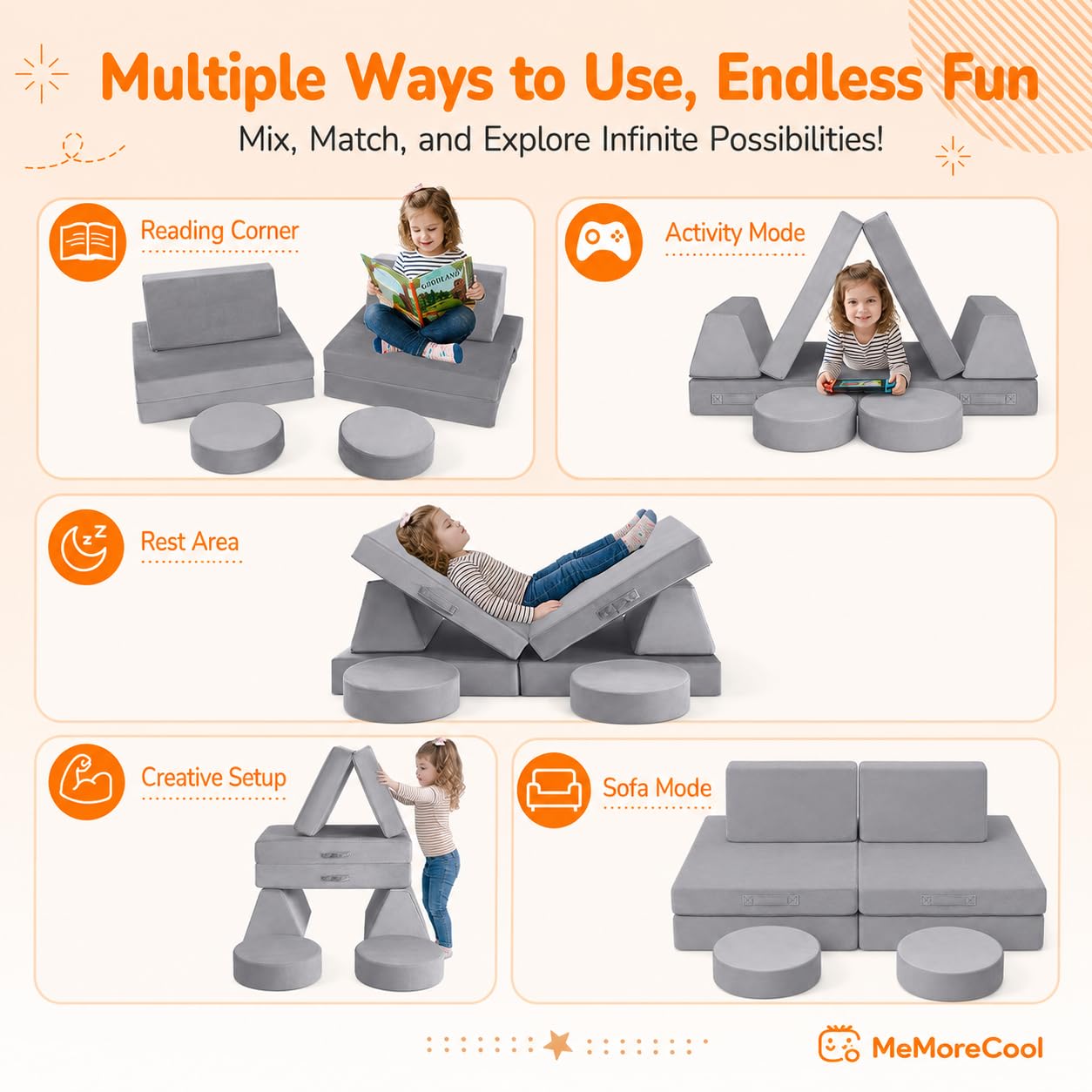 MeMoreCool Kids Couch, Light Grey Modular Foam Play Couch, Ages 3+