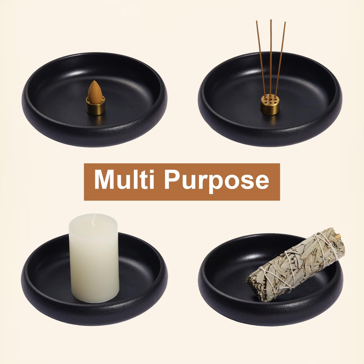 Mofunci Incense Holder for Sticks, Sage, Coil Incense, Incense Stick Holder 5.71" for Yoga Meditation Energy Cleansing, Ceramic Incense Burner Holder with 9 Holes, Ash Catcher, Smudge Bowl (Black)