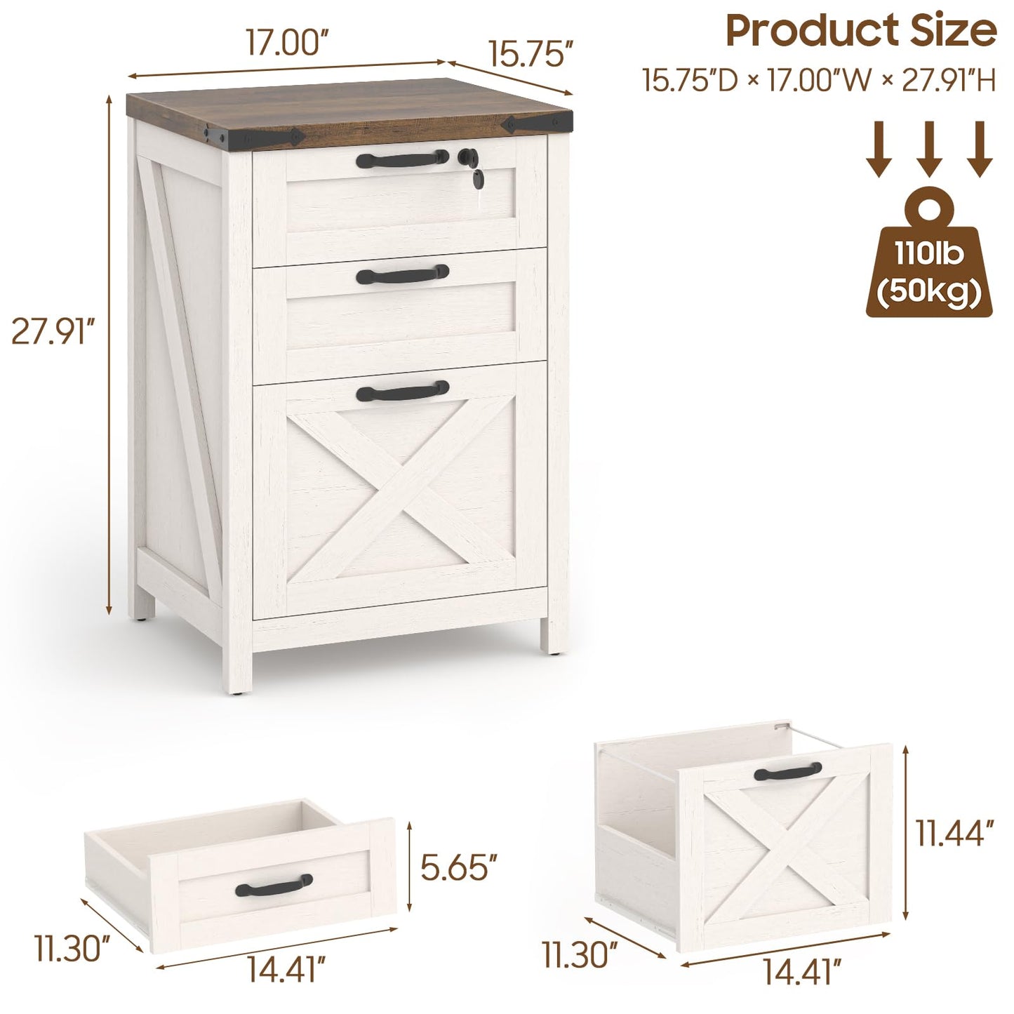 Halitaa 3 Drawer Small File Cabinet with Lock, Farmhouse Vertical Filing Cabinet Fits Letter and A4 Size, Under Desk Wooden File Cabinets for Home Office, Printer Stand, Rustic White