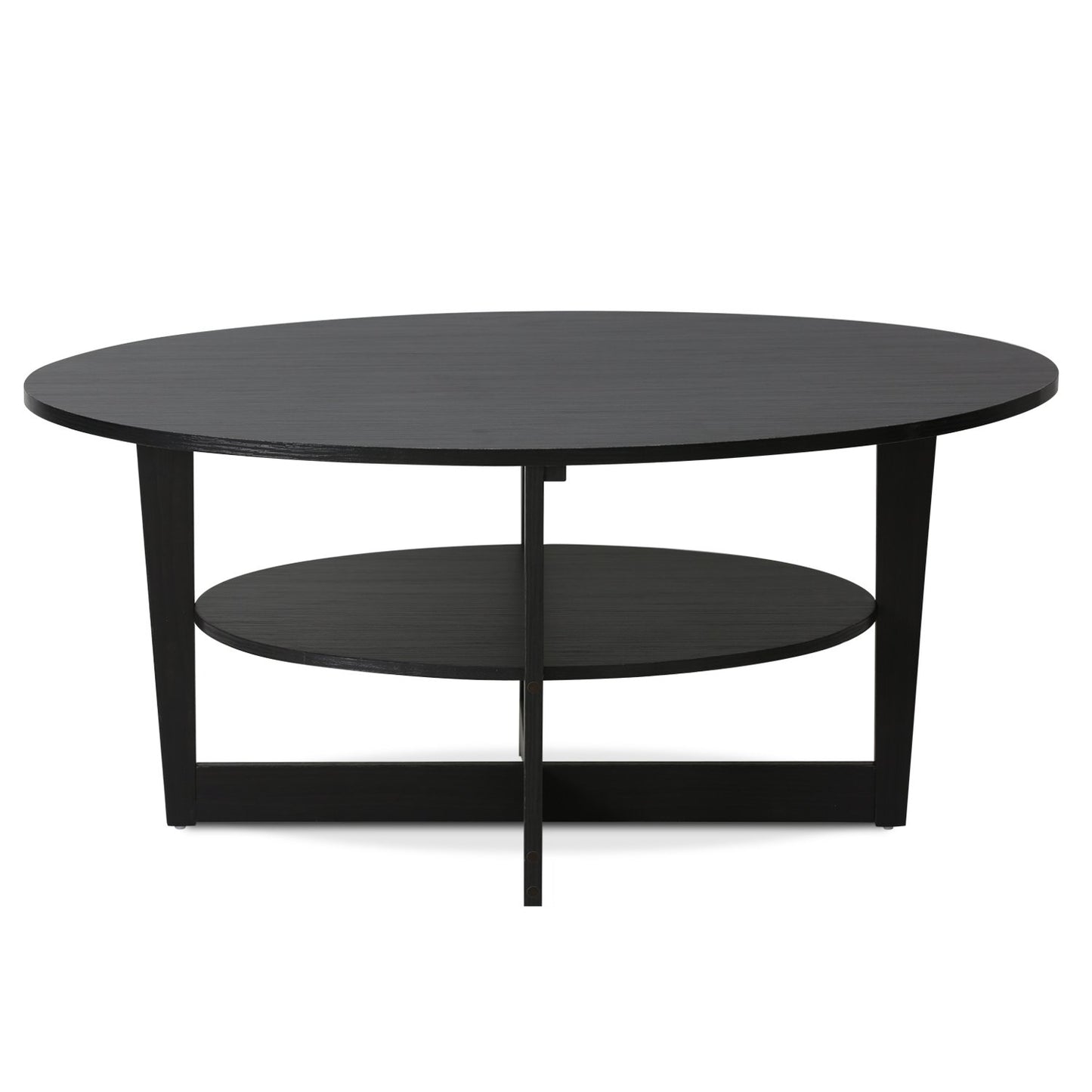 Furinno Jaya 2-Tier Round Coffee Table, Small Black Coffee Table with Storage Shelf, Oval Center Table for Living Room, Bedroom, Home Office, Black Walnut