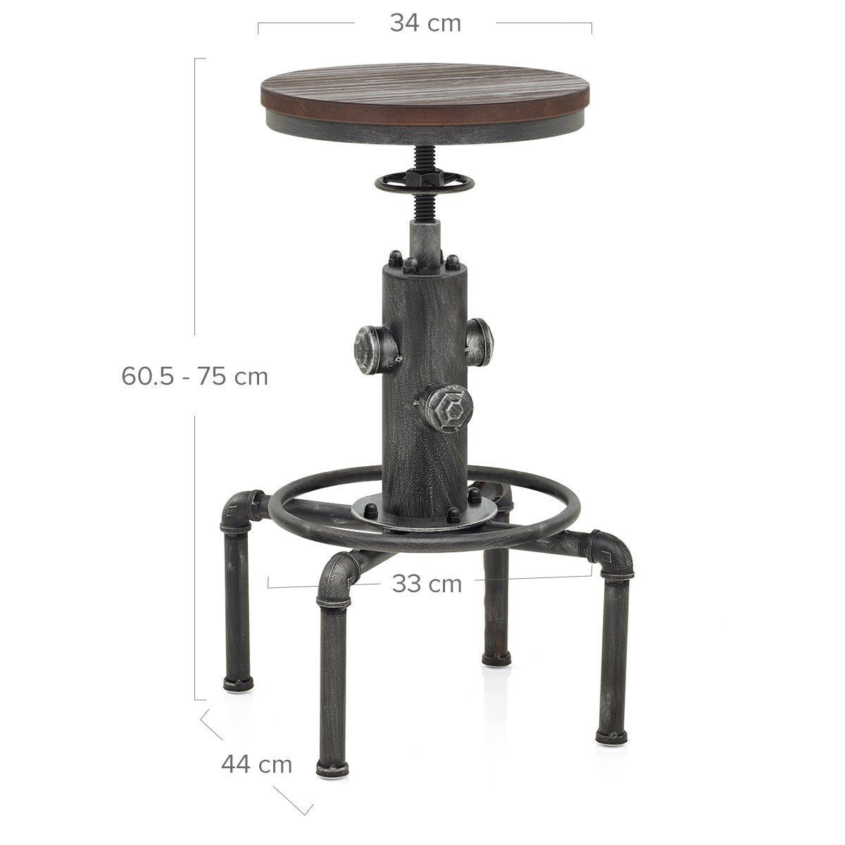 Topower Antique Vintage Industrial Barstool Solid Wood Water Pipe Fire Hydrant Design Cafe Coffee Industrial Bar Stool Set of 2 Silver