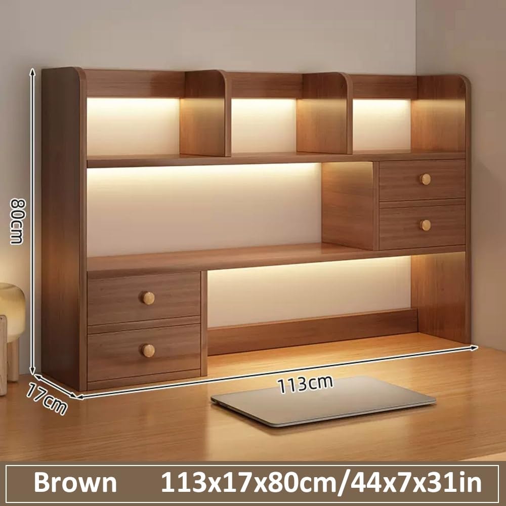 Wood Desktop Bookshelf Desk Book Shelves 83x17x80cm Large Capacity Office Storage Rack with 4 Drawers Countertop Bookcase Shelf(Brown,113x17x80cm)