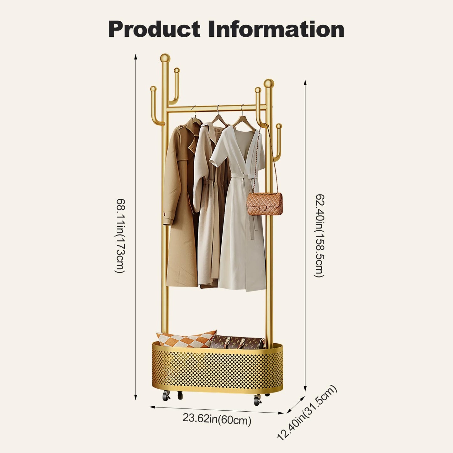 Ergocar Coat Stand. A jacket hat rack with a basket, multi -functional design. It can move stable at 360 °, suitable for placing in bed, living room and porch.