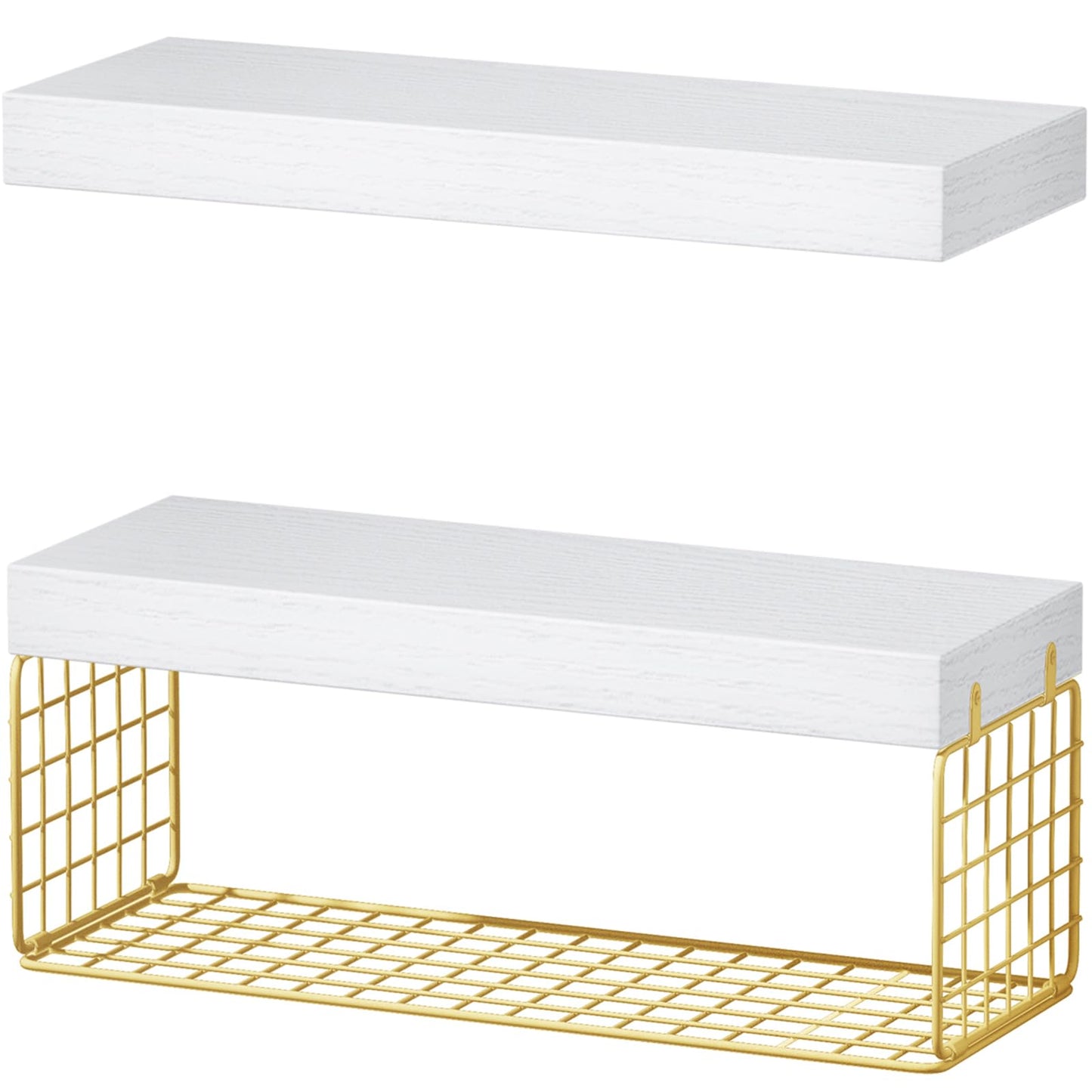 QEEIG Bathroom Shelves Over Toilet - Wall Mounted Floating Shelves Toilet Paper Storage Small Modern Decor Shelf 16 inch Set of 2, White and Gold (019-WG2)