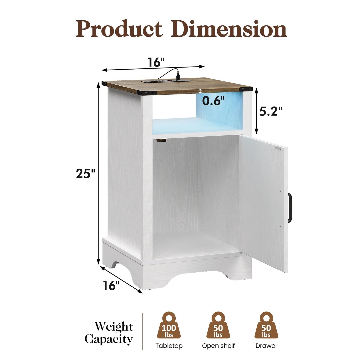 RoyalCraft Farmhouse Nightstand, End Table with LED Lights and Charging Station, Tall Bedside Table with Large Storage and Shelf, Wooden Side Table for Bedroom, Home Office, White and Rustic Oak