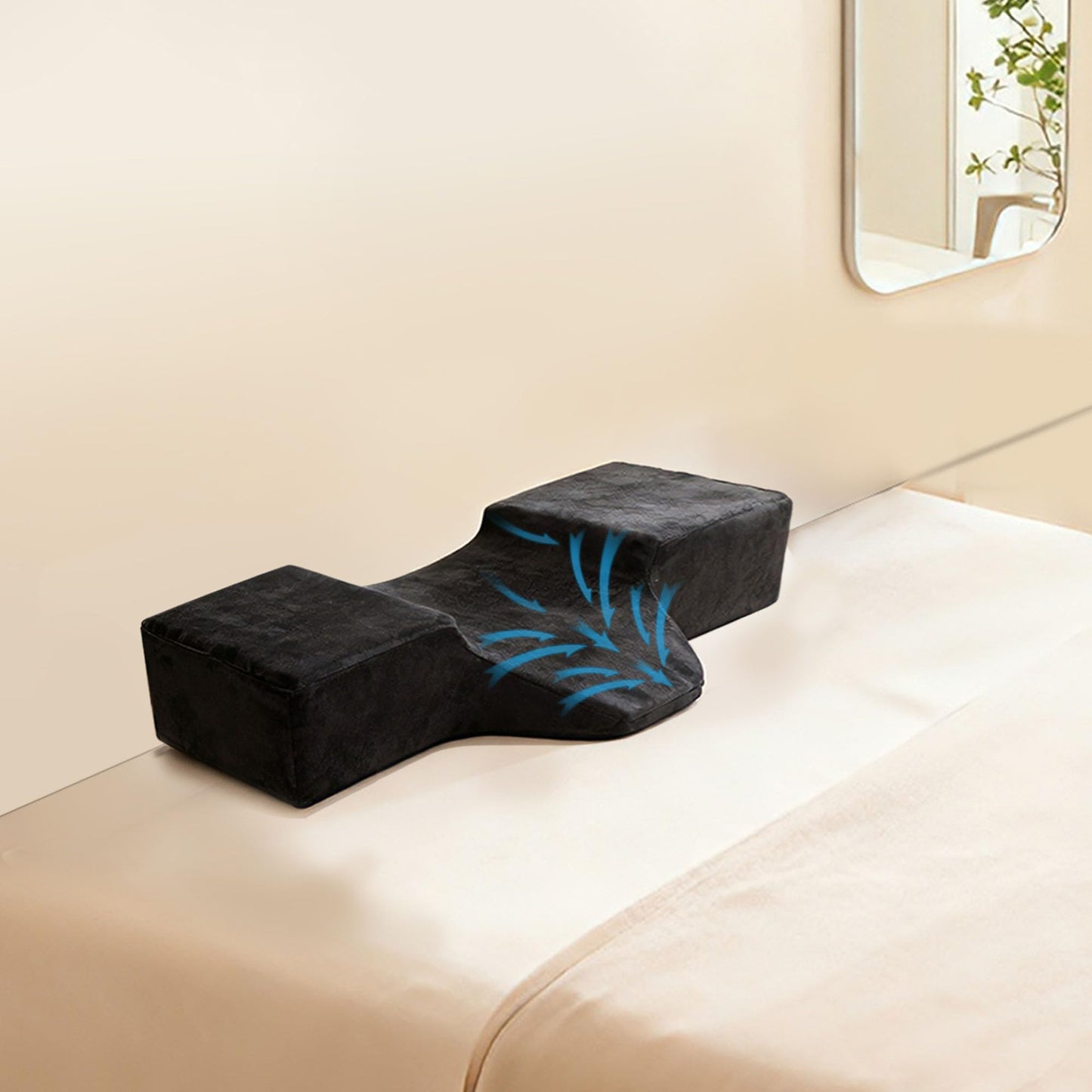 SCFOAMZAI Lash Pillow for Eyelash Extensions - Ergonomic Memory Foam Bed Pillow with Neck & Back Support, Removable Velvet Cover & Side Tool Pockets, Fits Lash Beds for Tech (Black)