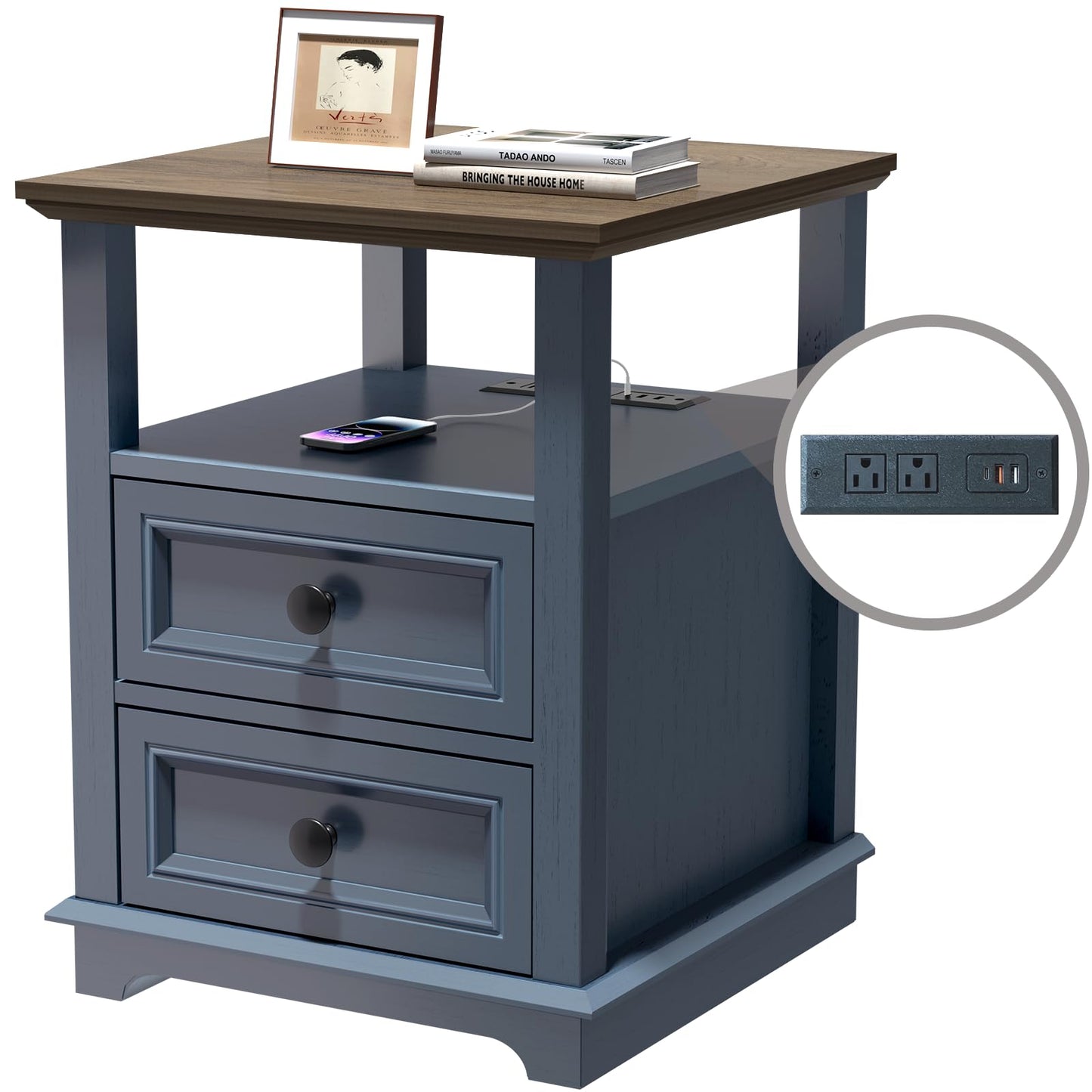 REDAYFUR End Table with Fast USB C Charging Station, 18" Wide Tall Sofa Side Table with 2 Drawers, Large Storage Rustic Wood Square Storage Cabinet for Living Room, Bedroom, Office, Blue