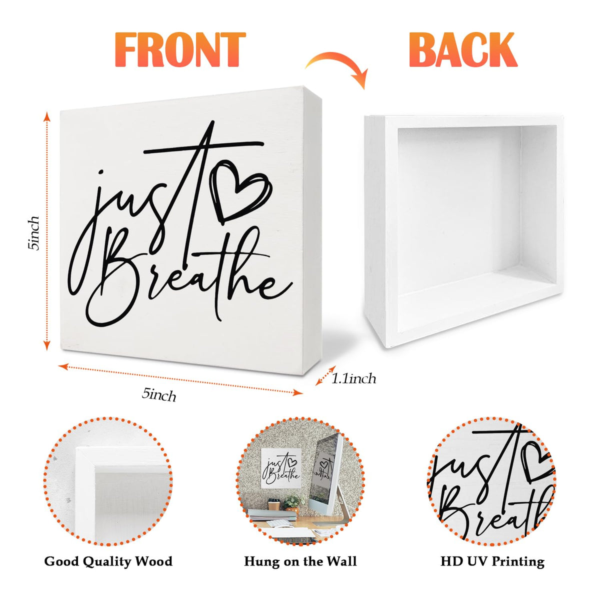 Nvotell Inspirational Desk Decor, Just Breathe Mental Health Wooden Box Sign, Motivational Positive Wood Block Plaque for Home Office Desk Shelf Tabletop Decor 5x5 Inch