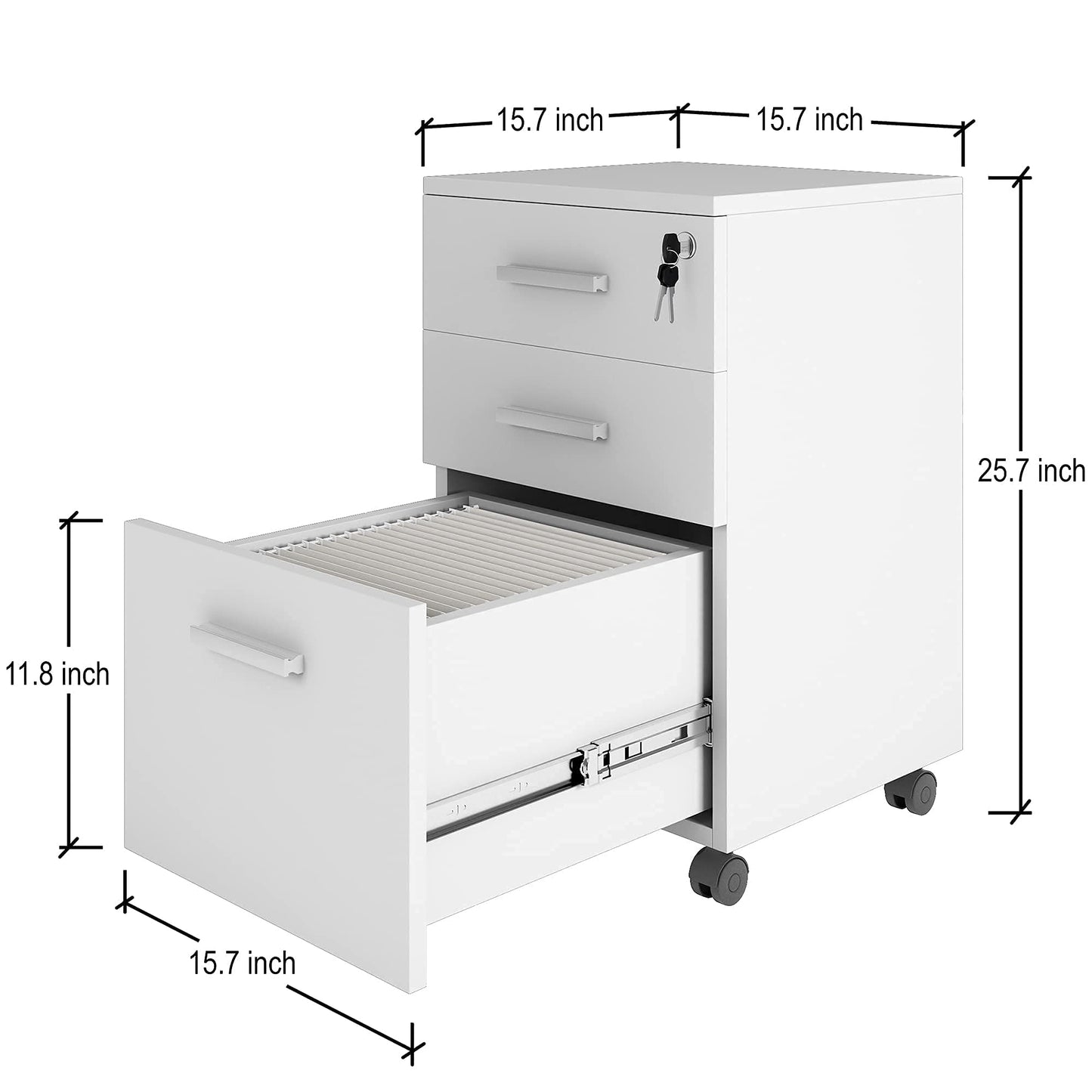 Modern Design Lazio White File Cabinet, Filing Cabinets for Home Office, Drawers for Under Desk, Locking 3 Drawer Rolling Wood File Cabinet with Lock, by Crafts and Comfort