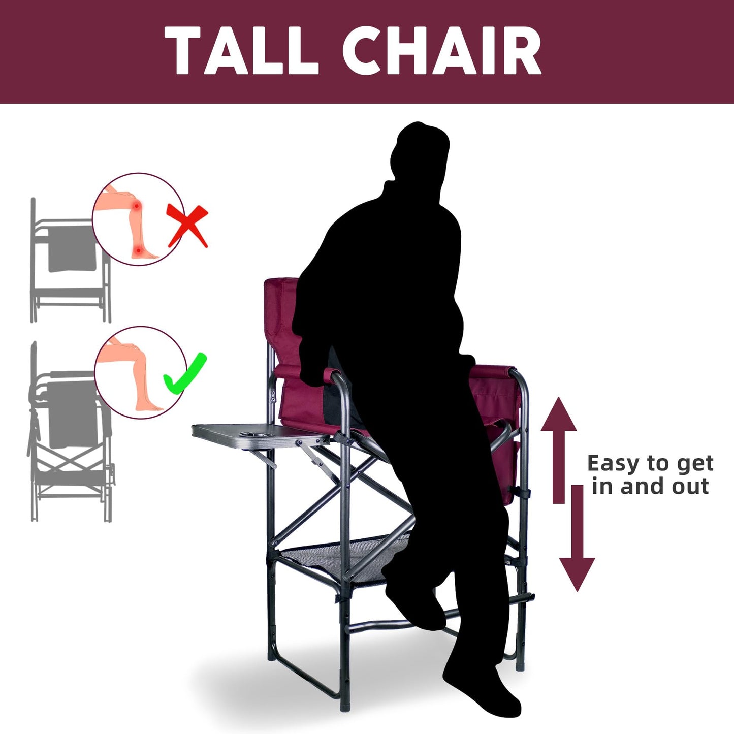 Foristrail 30" Tall Directors Chair with Side Table, 400LBS Bar Height Folding Camping Chair for Makeup Artists, Outdoor Events, Portable Foldable Chair with Cup Holder & footrest - Wine Red/Black