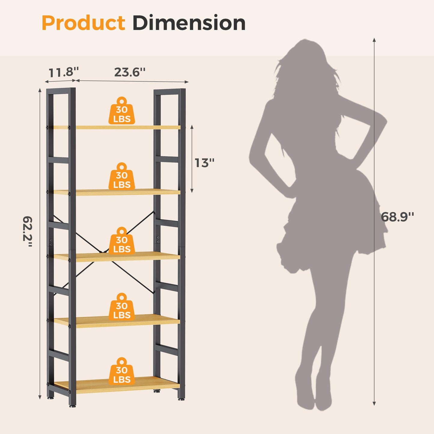 DUMOS 5-Tier Bookshelf, Modern Tall Bookcase, Open Storage Display Shelf for Living Room, Bedroom, Home Office, Narrow Standing Shelving Unit for Books, CDs, Décor,Wood