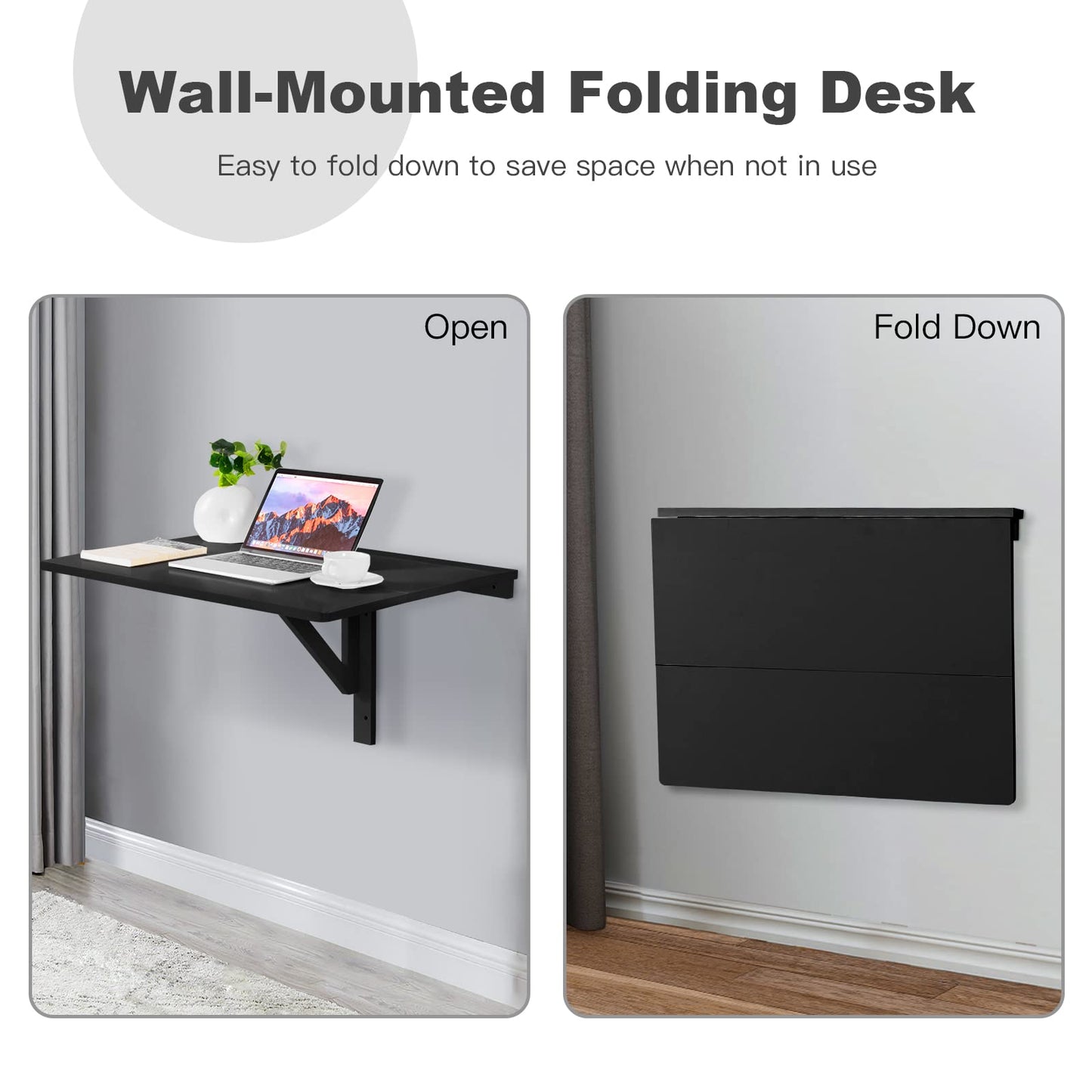 COSTWAY Wall Mounted Folding Table, 31.5" x 23.5" Drop-Leaf Floating Writing Desk for Small Spaces, Space-Saving Fold Down Laptop Workstation for Kitchen, Bedroom, Laundry Room, Study Room (Black)