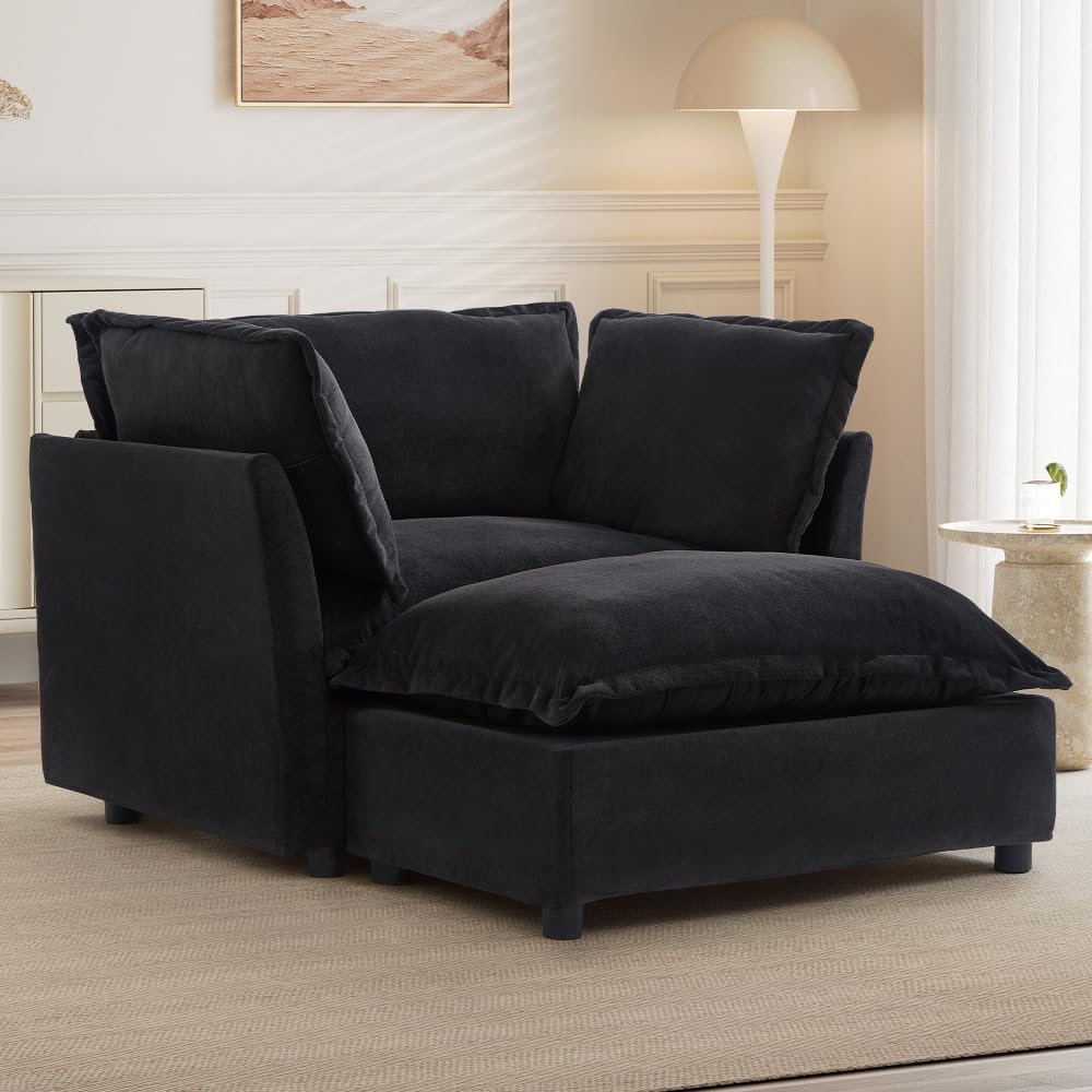 Asmeten Modern Armchair Sofa 47" Cozy Upholstered Sofa Chair with Movable Ottoman, Wide Seat, Curved Armrests and Soft Pillows for Living Room, Bedroom,Green (Black + Chenille + Foam + 2 Seat)