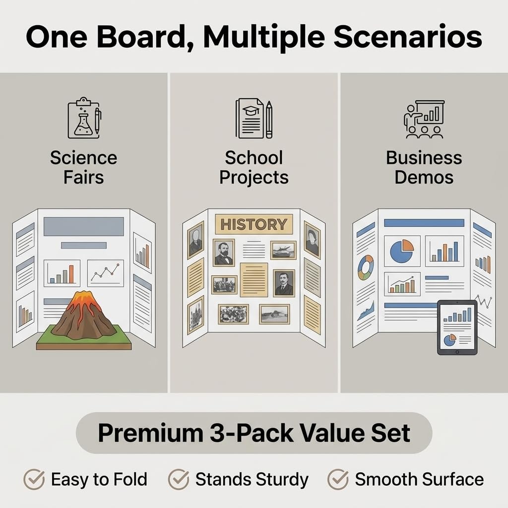 Trifold Poster Board, 24" x 16", White Corrugated Project Boards for Science Fairs, Event Displays, and Business Presentations,School Projects,3-Pack