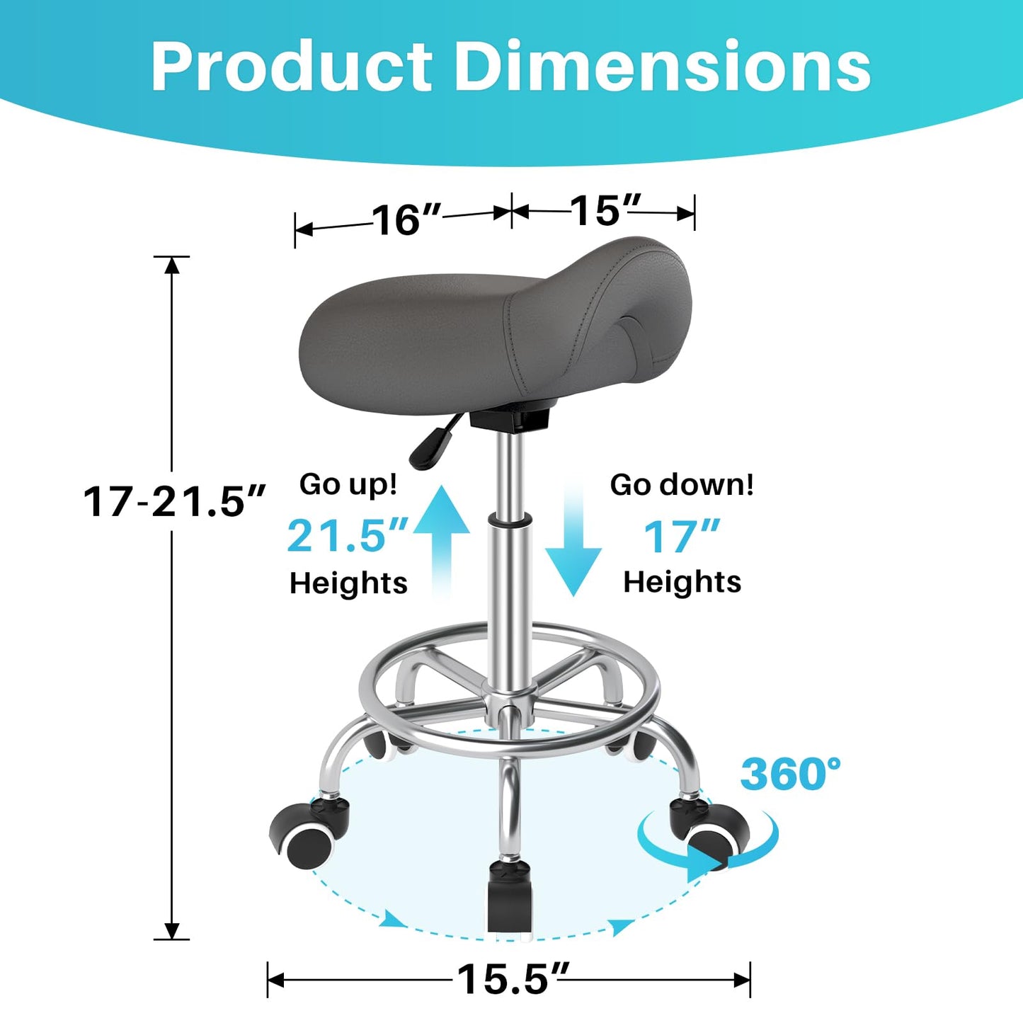 YEEZEE Saddle Stool Ergonomic- Comfortable Rolling Saddle Stool with Wide Thick Saddle Seat Padding, Swivel Adjustable Saddle Chair with Wheels and Ring Pedal for Medical Massage Salon (Grey)