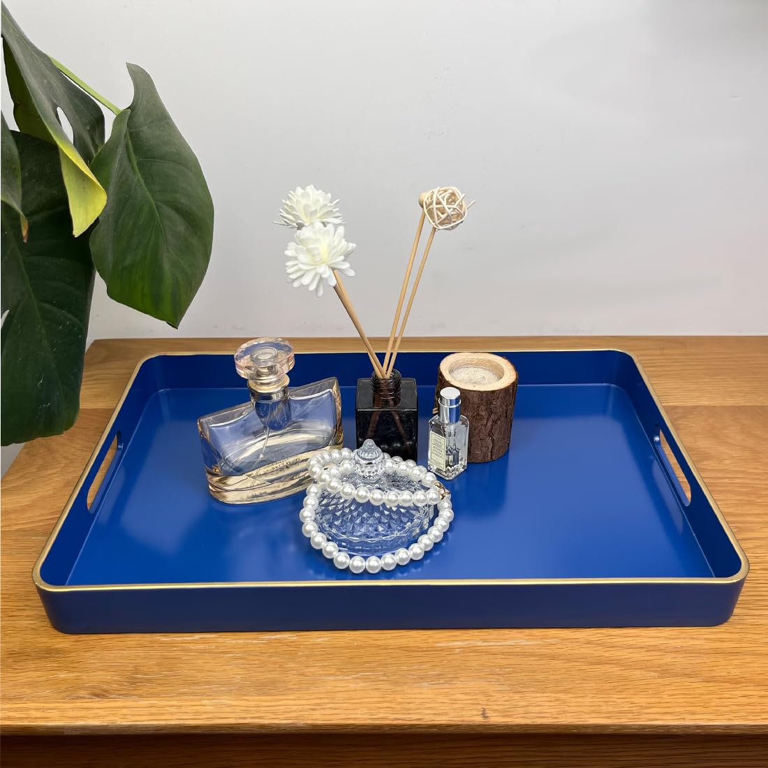 UOEKCS Navy Blue Serving Tray with Handles, Rectangular Decorative Tray for Coffee Table, Plastic Rectangular Tray for Ottoman, Living Room, Bathroom, Home Decor 15.7” x 10.2” x1.37”