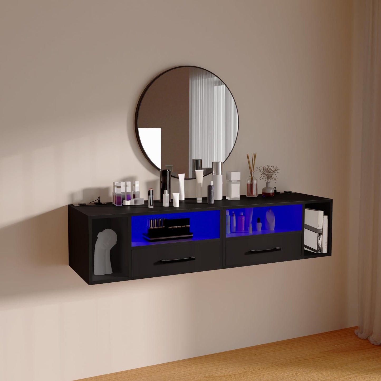 Homaterial Floating Nightstand with Charging Station and LED Lights, Floating Bedside Table with Drawers Wall Mounted Nightstands,for Bedroom Room, 21.3" x 11.8" x 10",Black