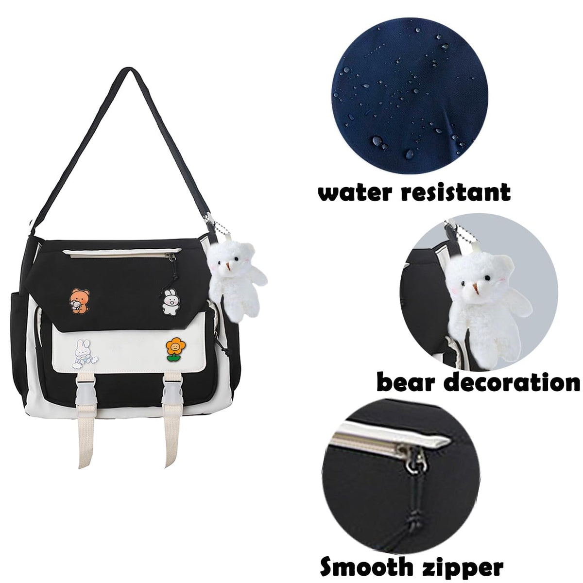 PRLINJSK Cute Messenger Bag, Kawai Purse Gift for Teen Girls Women, Crossbody Shoulder Tote Bags with Accessories
